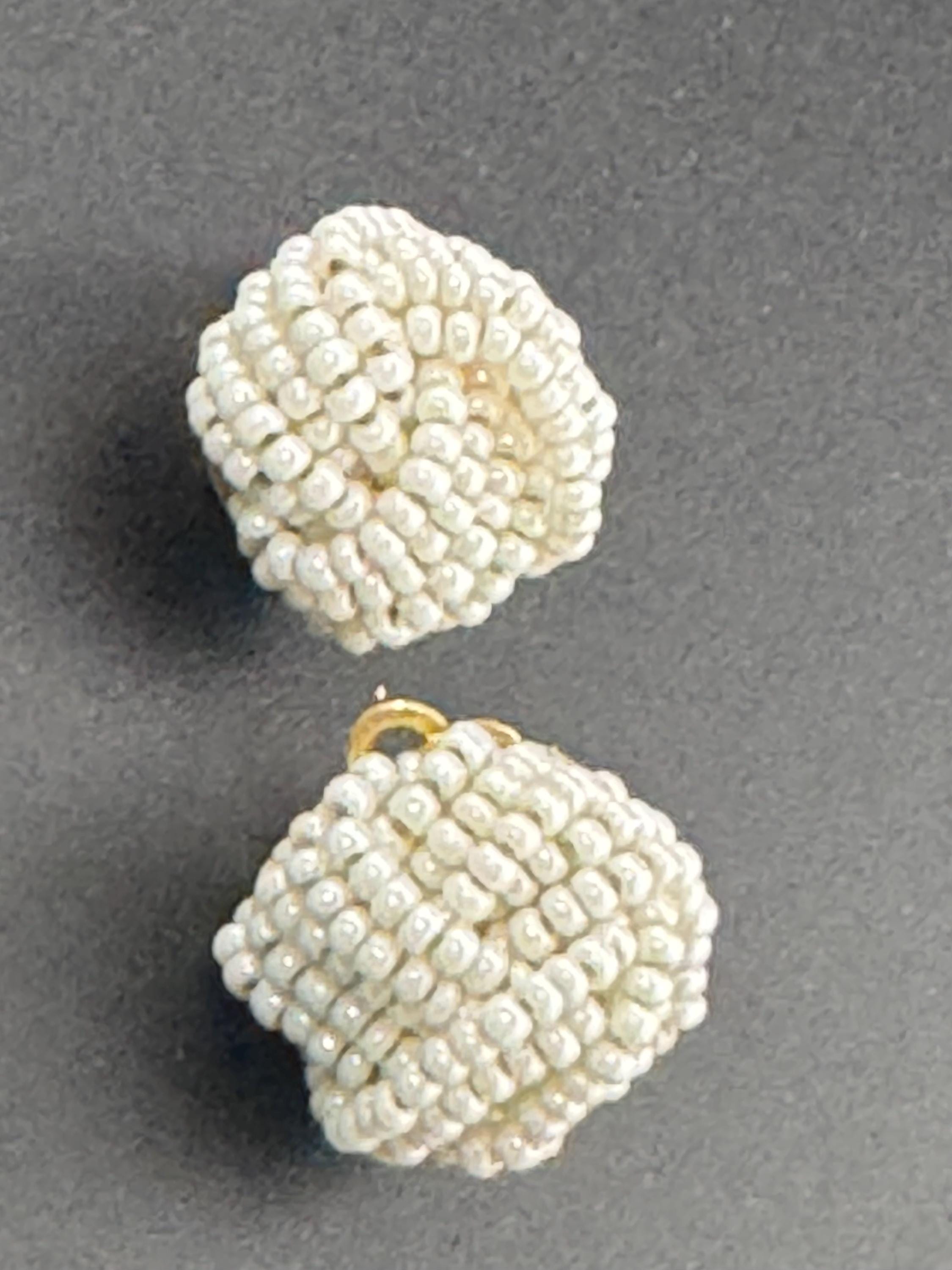 Vintage cream glass seed beaded KNOT Cluster turban earrings studs clip on  Earrings