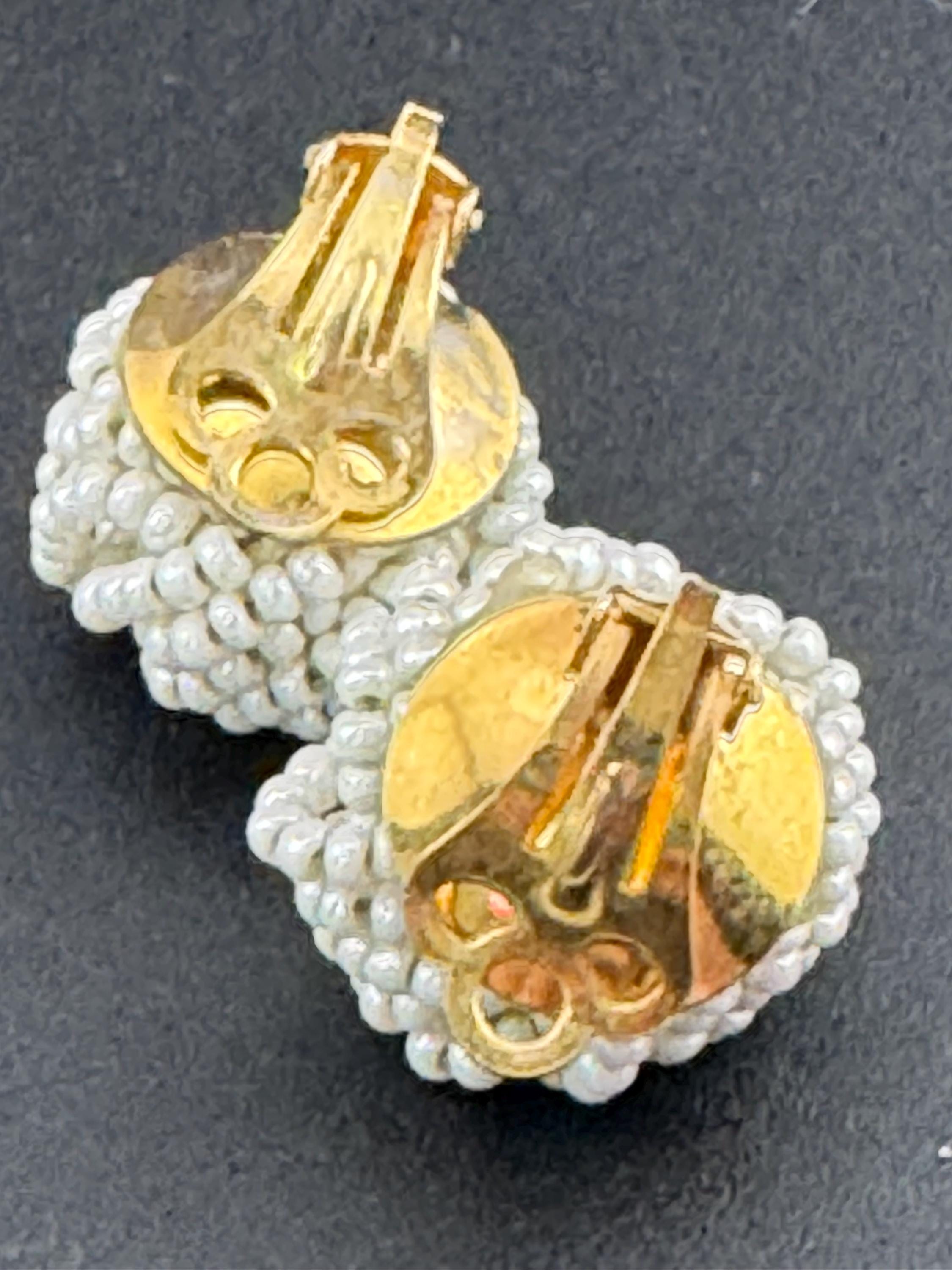 Vintage cream glass seed beaded KNOT Cluster turban earrings studs clip on  Earrings