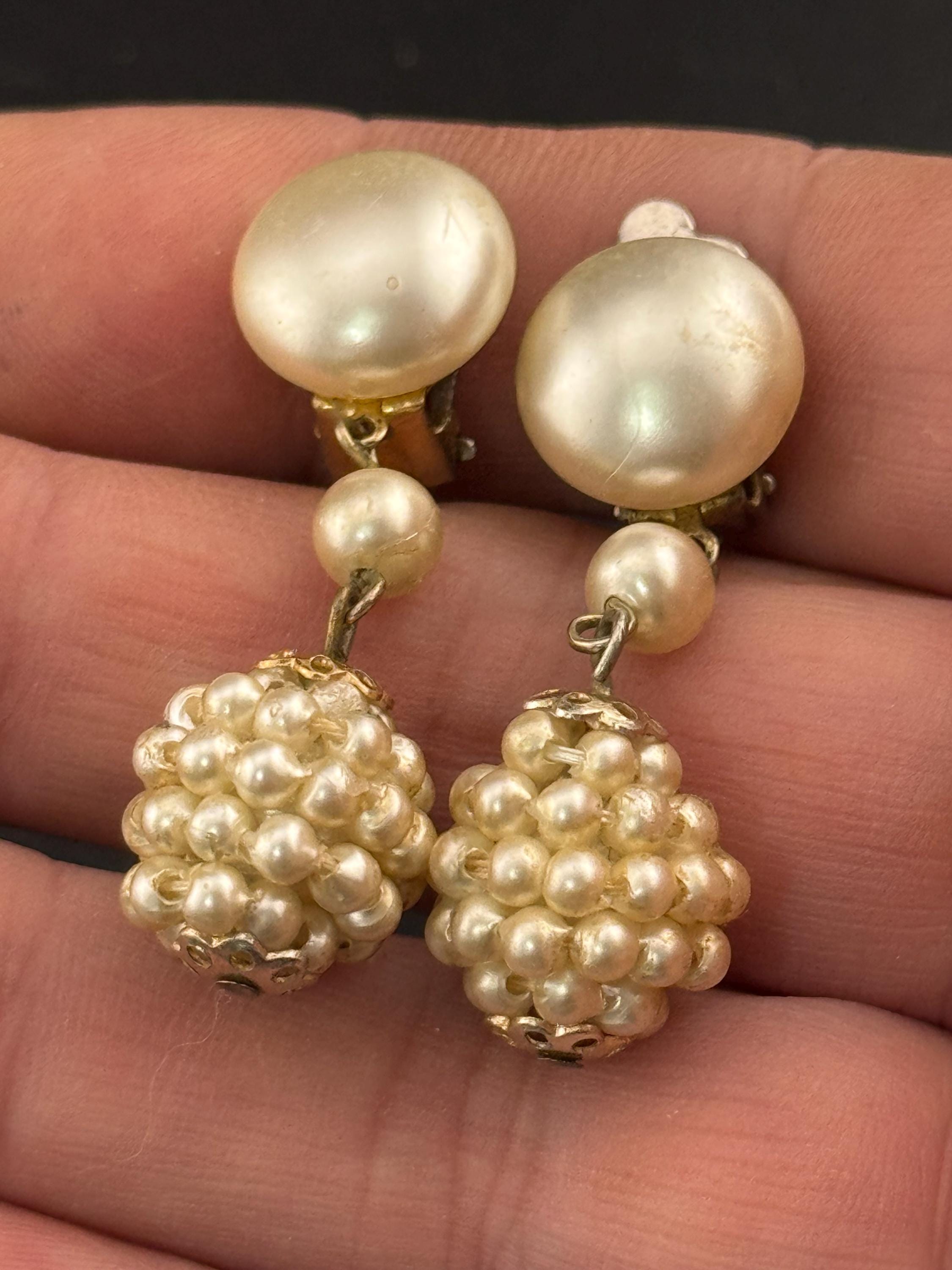 Signed HONG KONG Vintage cream faux pearl plastic beaded Cluster Clip On drop Earrings