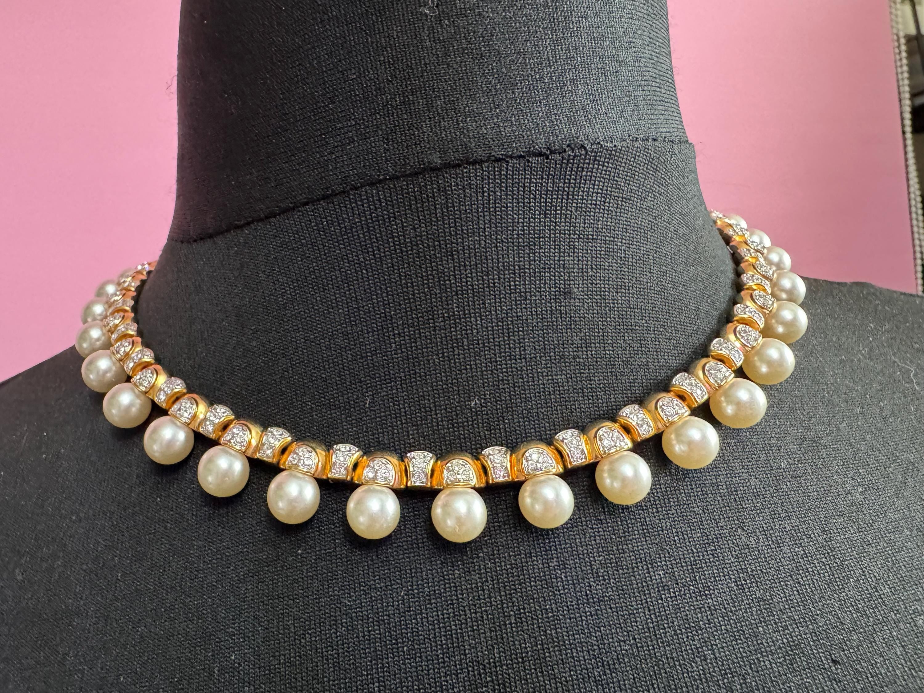 Vintage high end cream glass faux pearl wide choker necklace with gold tone diamanté 45cm
