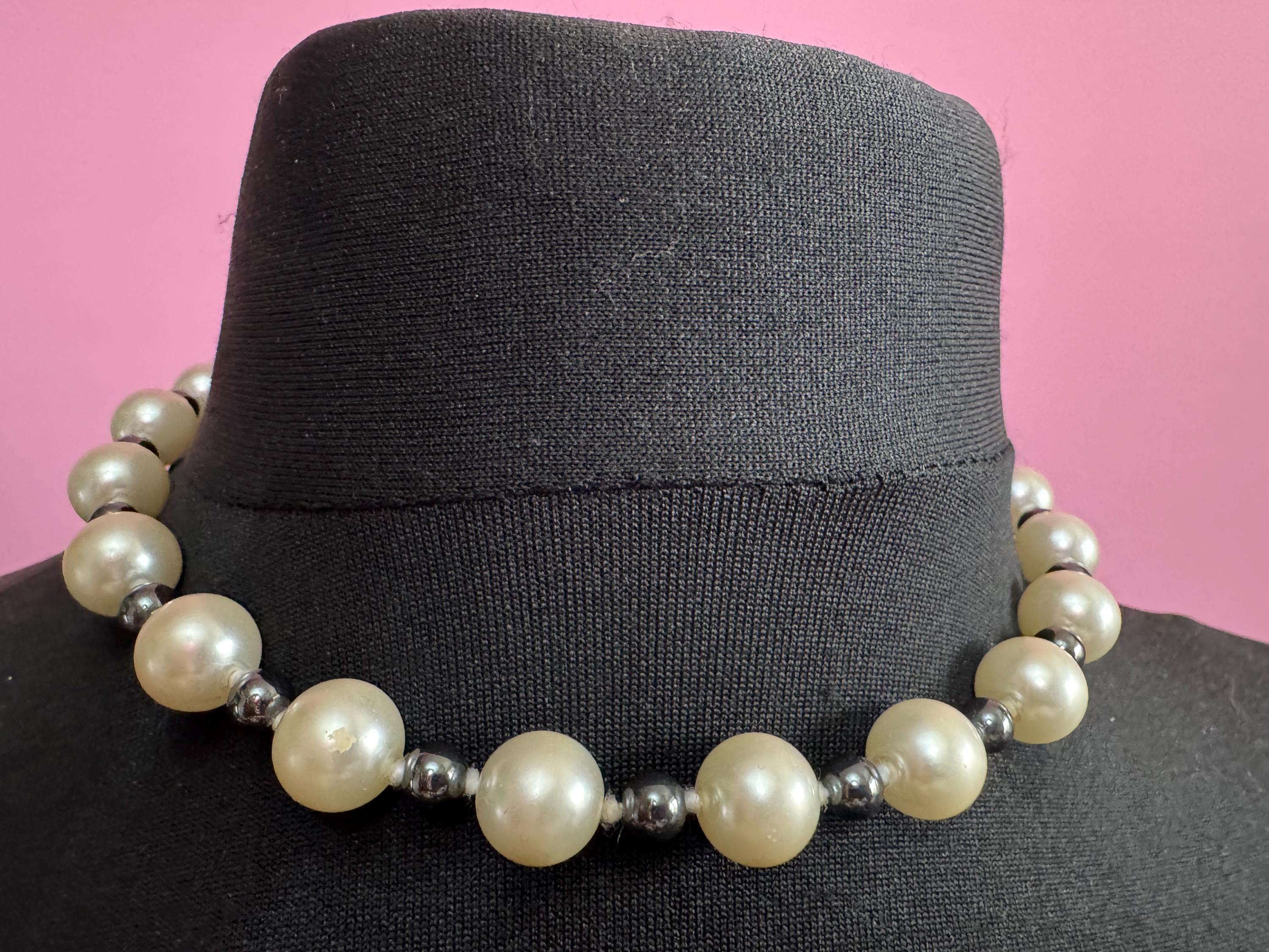 Vintage Glass Pearl Collar Necklace - Grey and Cream, 44cm