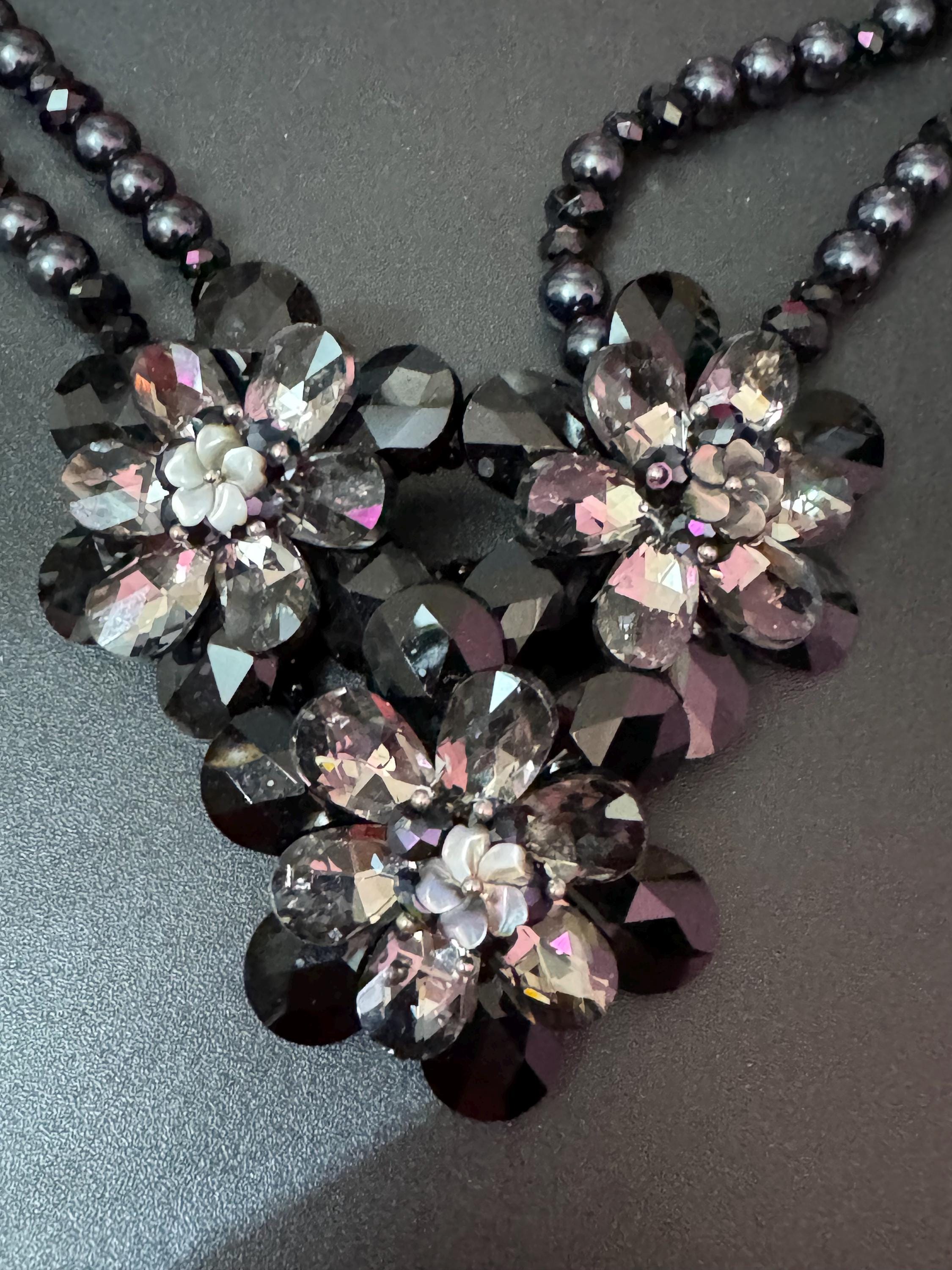 Signed butler and Wilson oversized black glass bib statement necklace adjustable