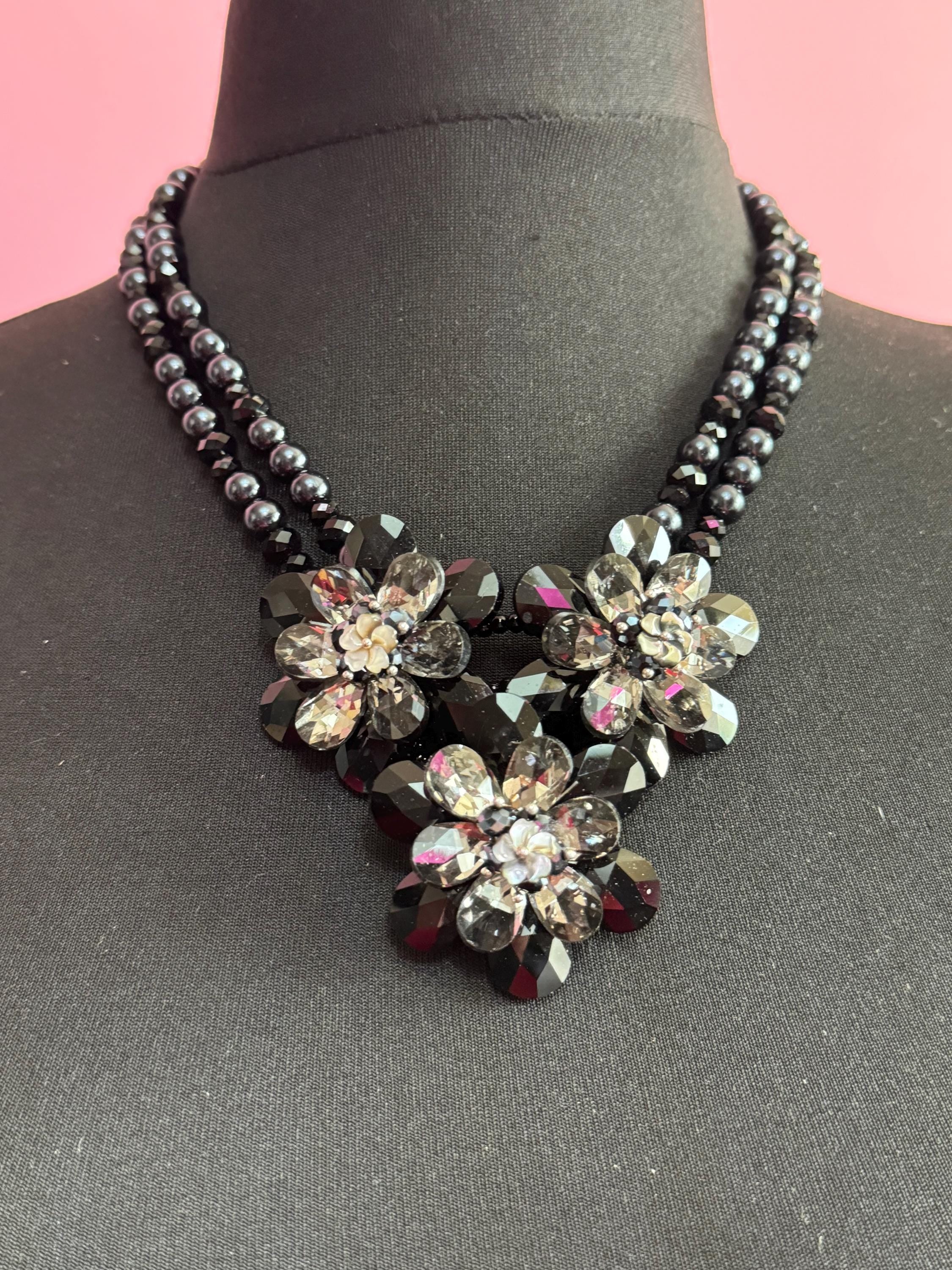 Signed butler and Wilson oversized black glass bib statement necklace adjustable