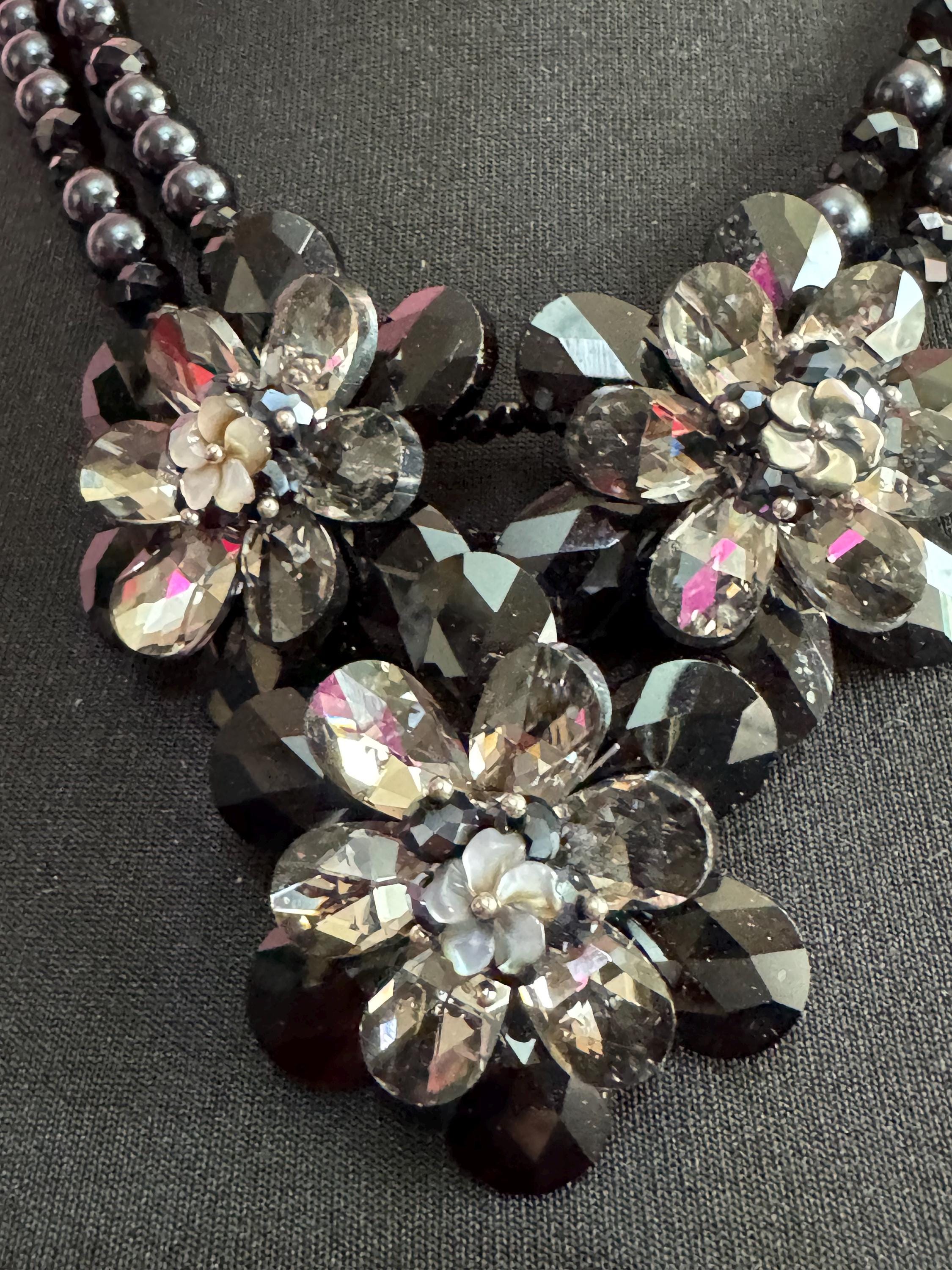Signed butler and Wilson oversized black glass bib statement necklace adjustable