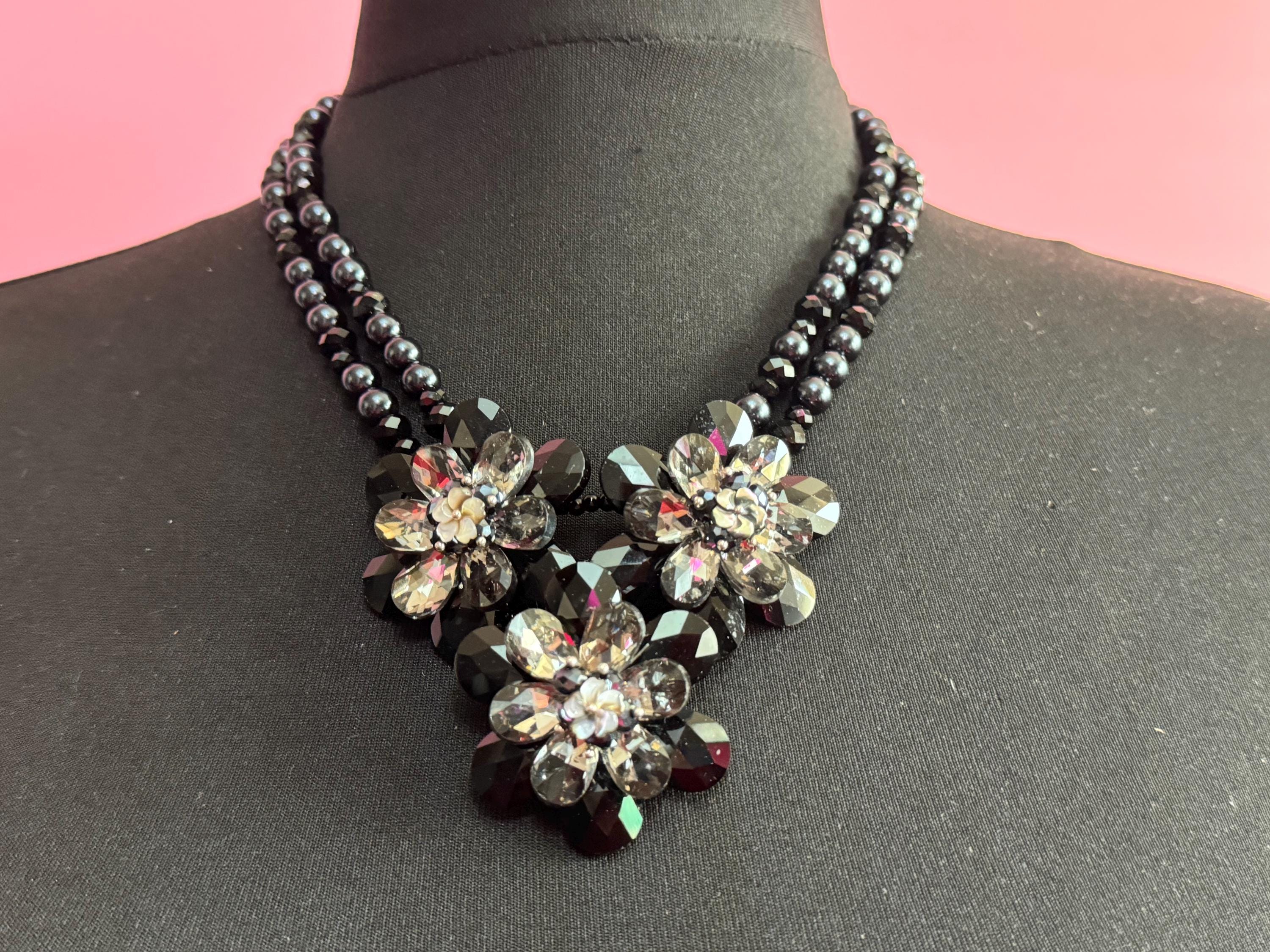Signed butler and Wilson oversized black glass bib statement necklace adjustable