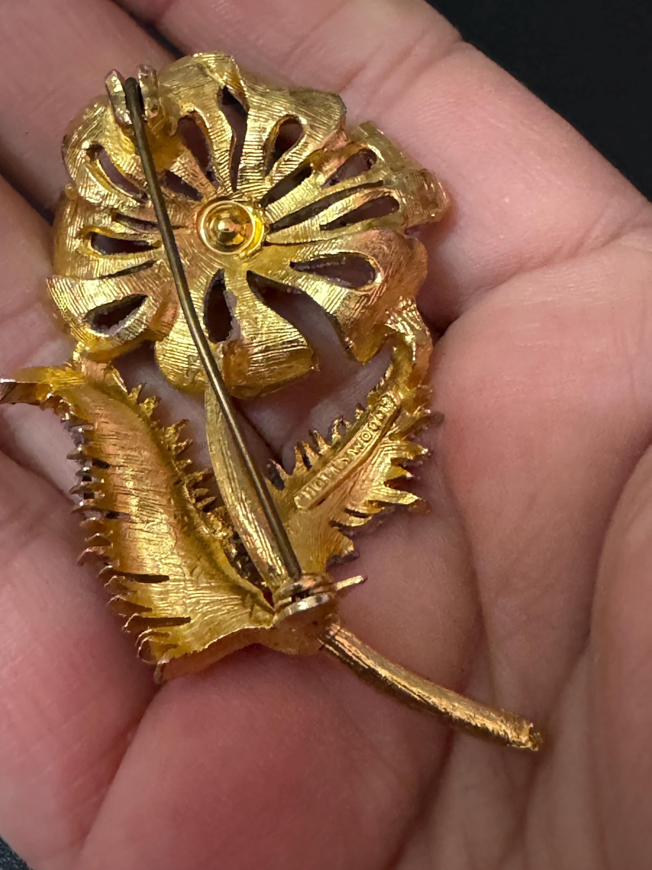 Signed HOLLYWOOD large gold tone purple iced modernist abstract floral brooch