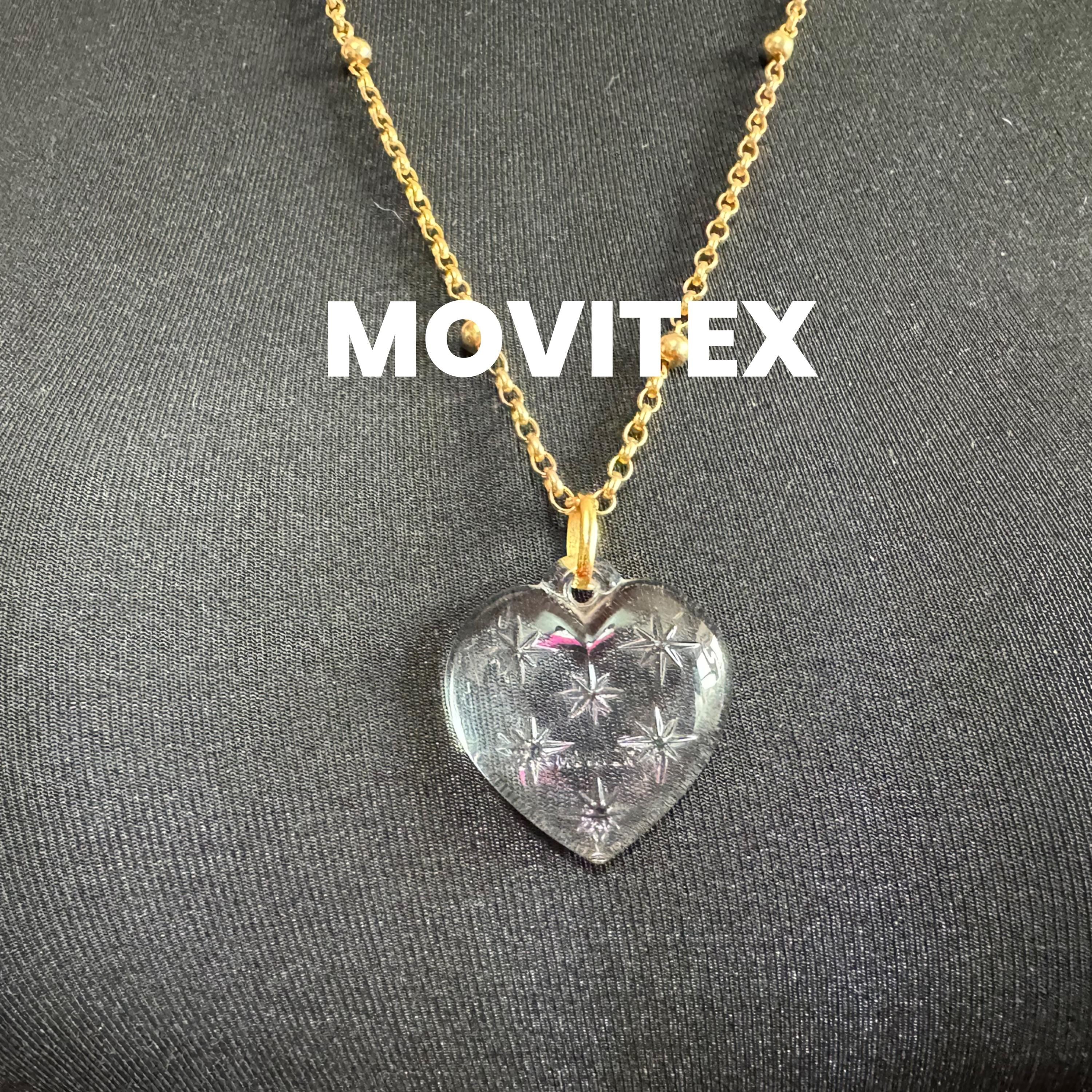 Signed movitex Vintage modernist gold tone pressed glass heart and stars pendant necklace 68cm chain