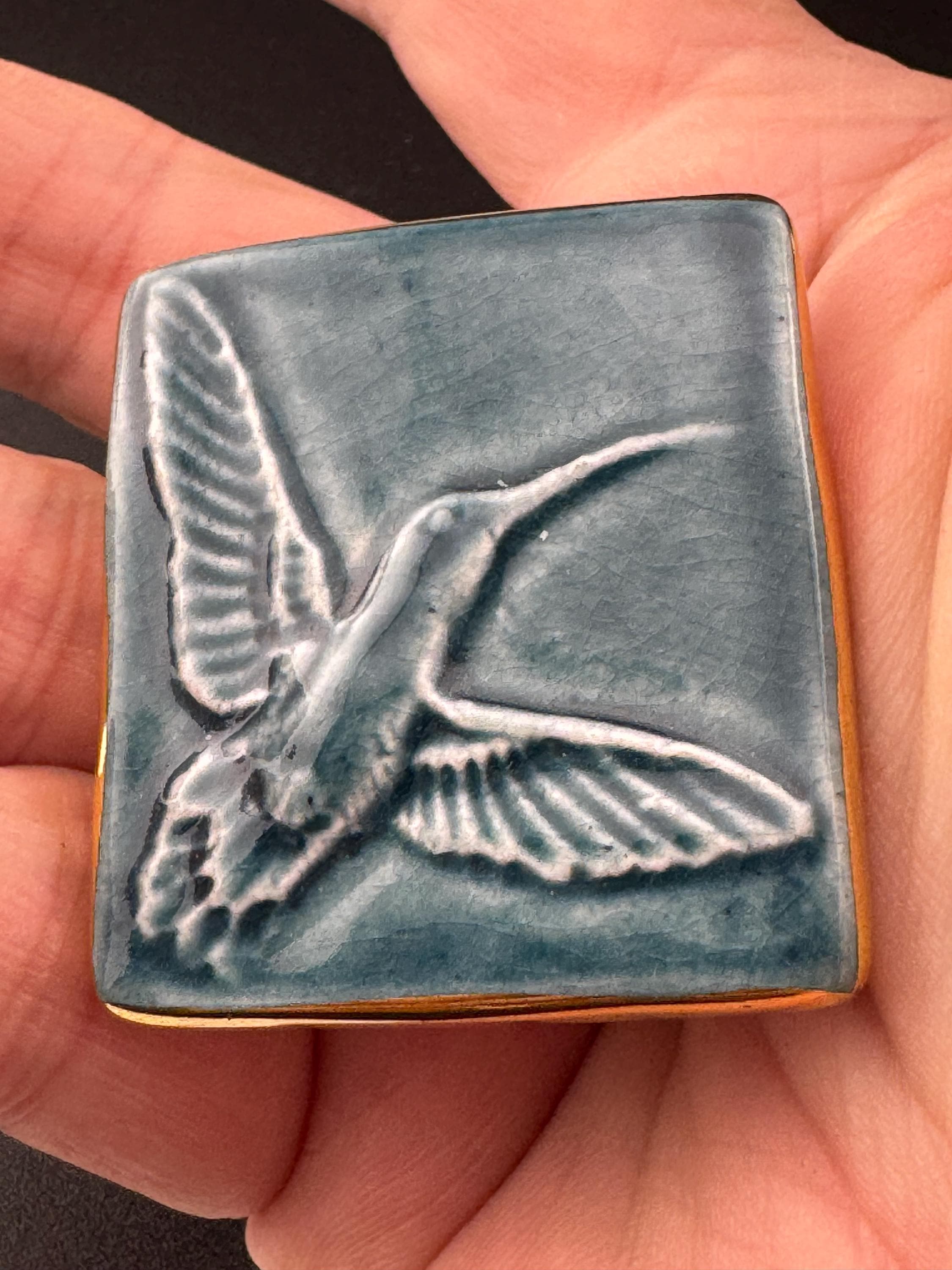 Vintage retro BOUCHET of jersey artisan blue gold kingfisher bird pottery brooch