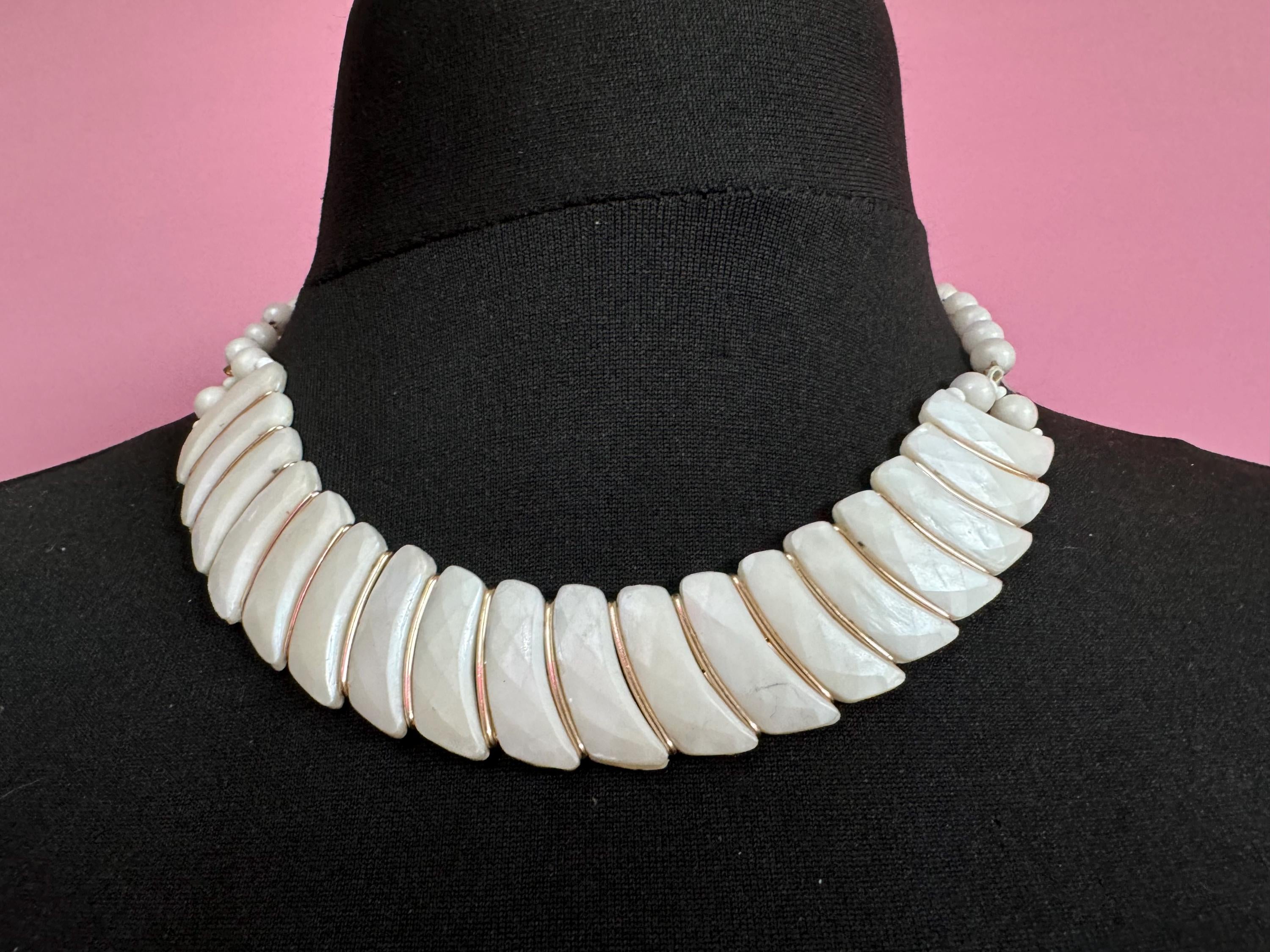 Signed western Germany white pearl used plastic gold panel link beaded necklace