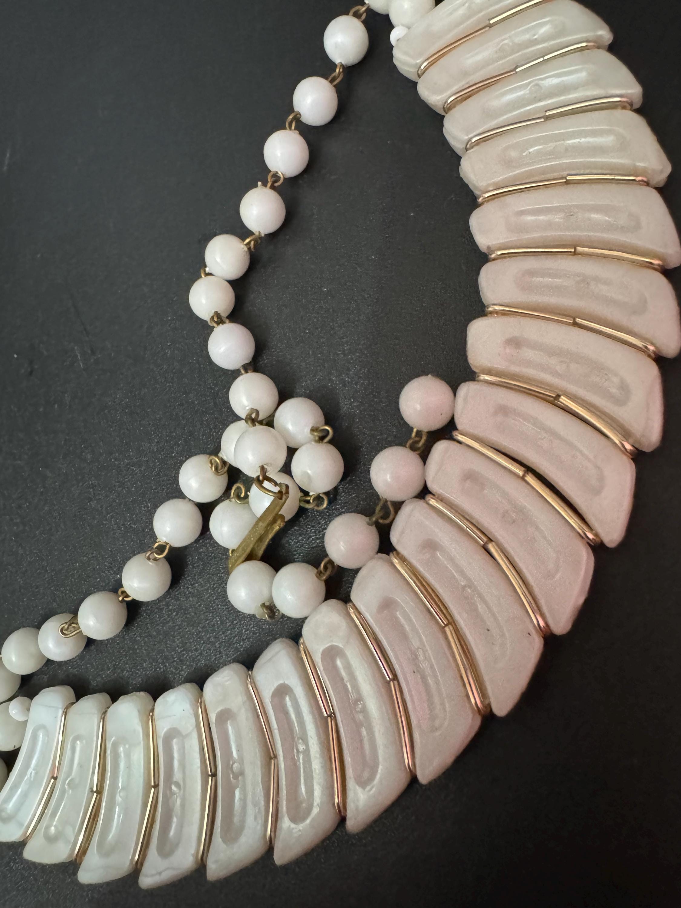 Signed western Germany white pearl used plastic gold panel link beaded necklace