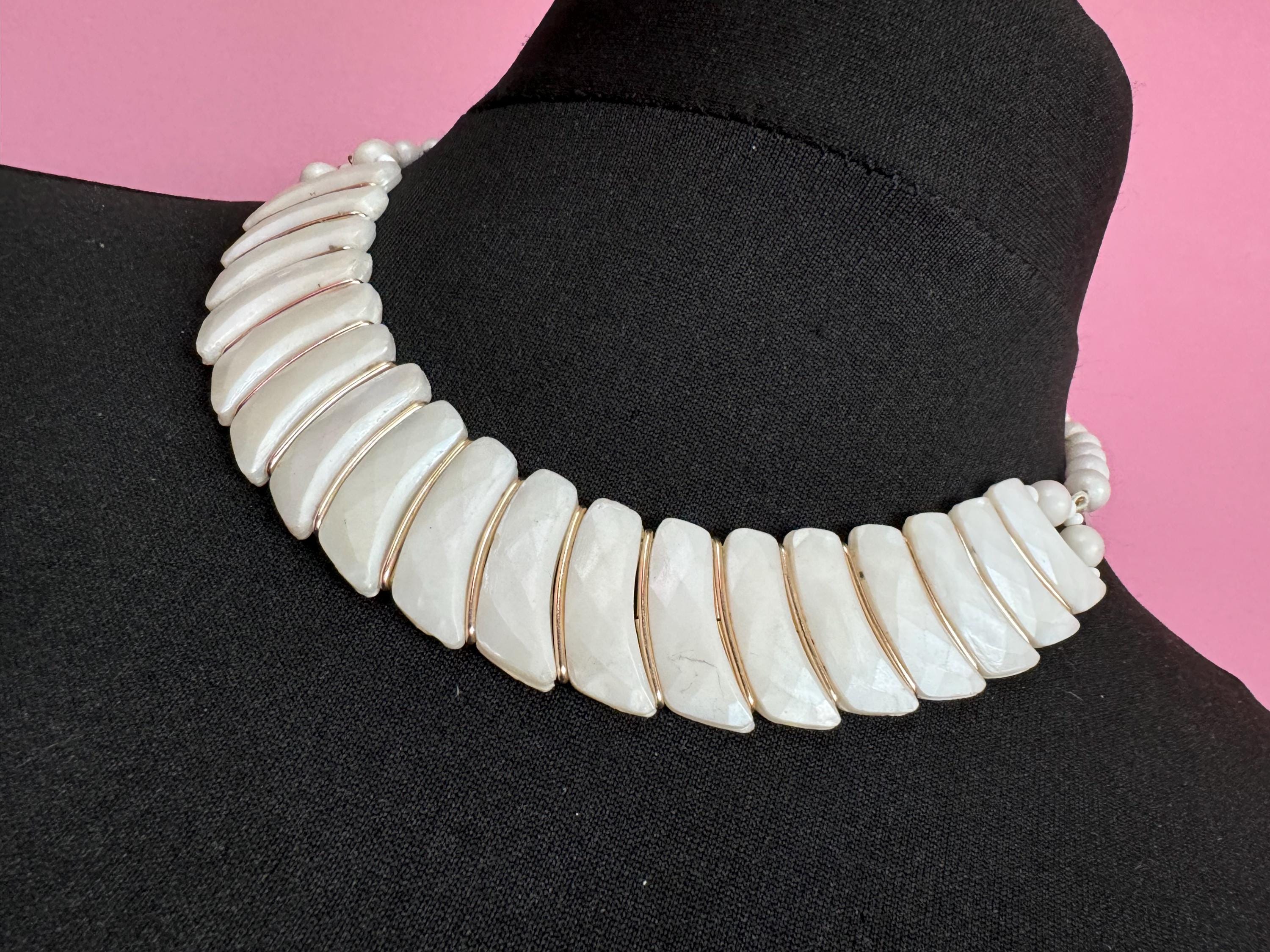 Signed western Germany white pearl used plastic gold panel link beaded necklace