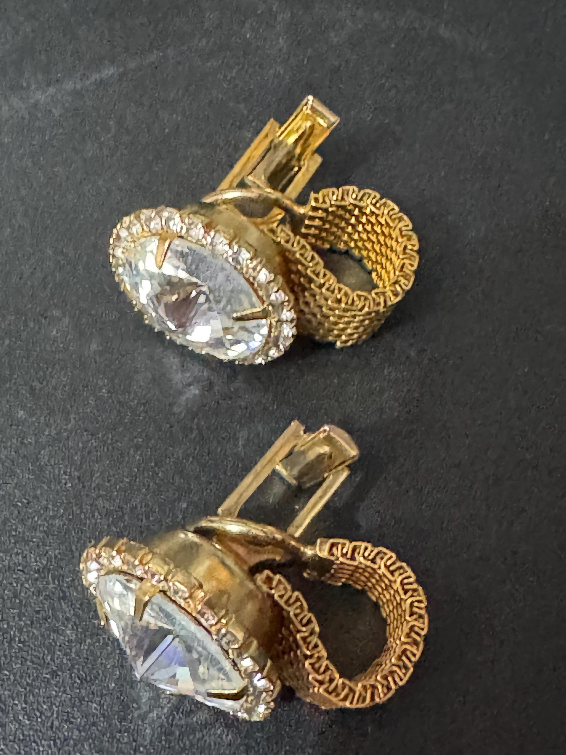 1970s modernist vintage clear Rivoli crystal diamanté gold tone mesh men’s cufflinks