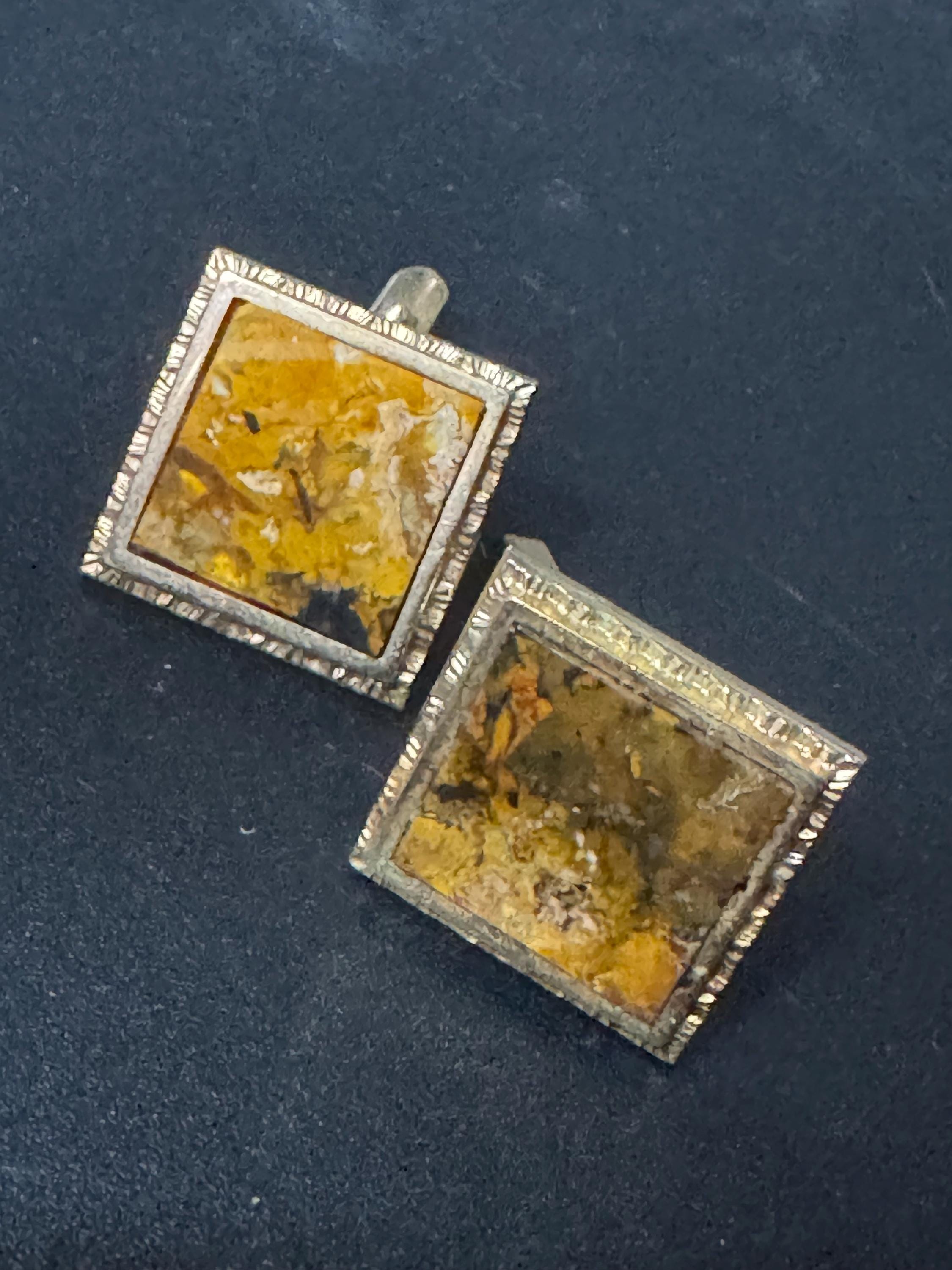 Vintage Brutalist 1960s 1970s large modernist brown marble men’s gold tone square cufflinks