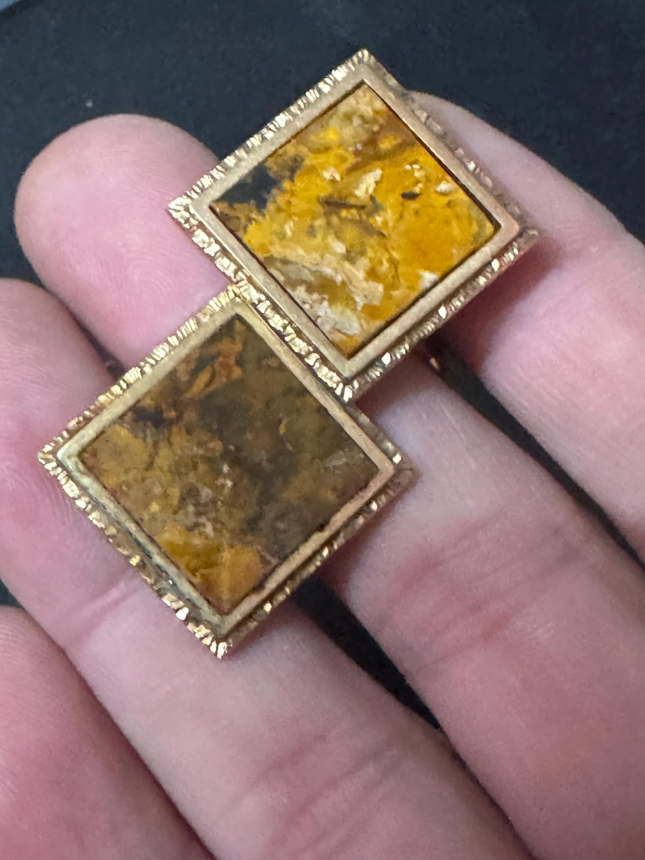 Vintage Brutalist 1960s 1970s large modernist brown marble men’s gold tone square cufflinks