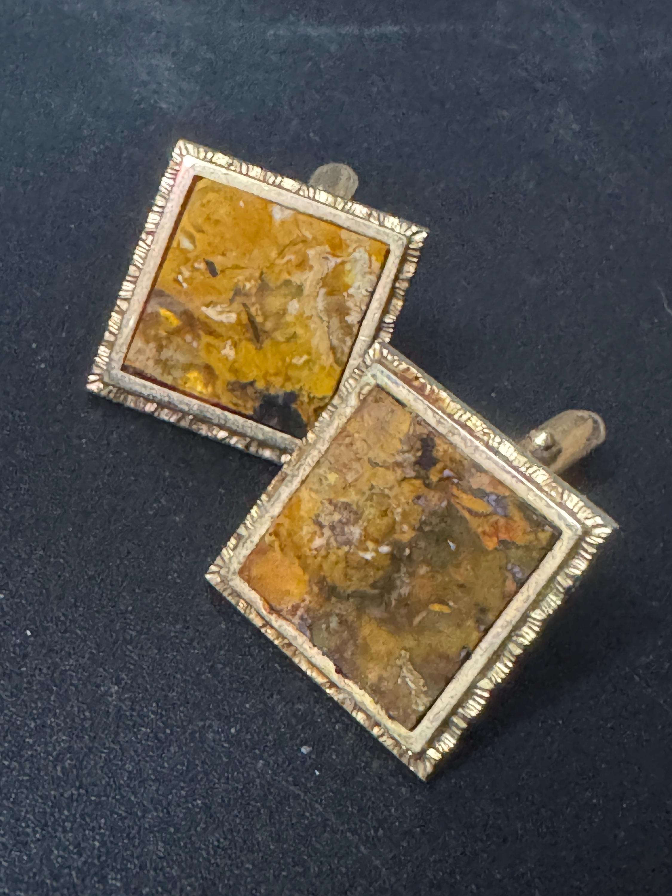 Vintage Brutalist 1960s 1970s large modernist brown marble men’s gold tone square cufflinks