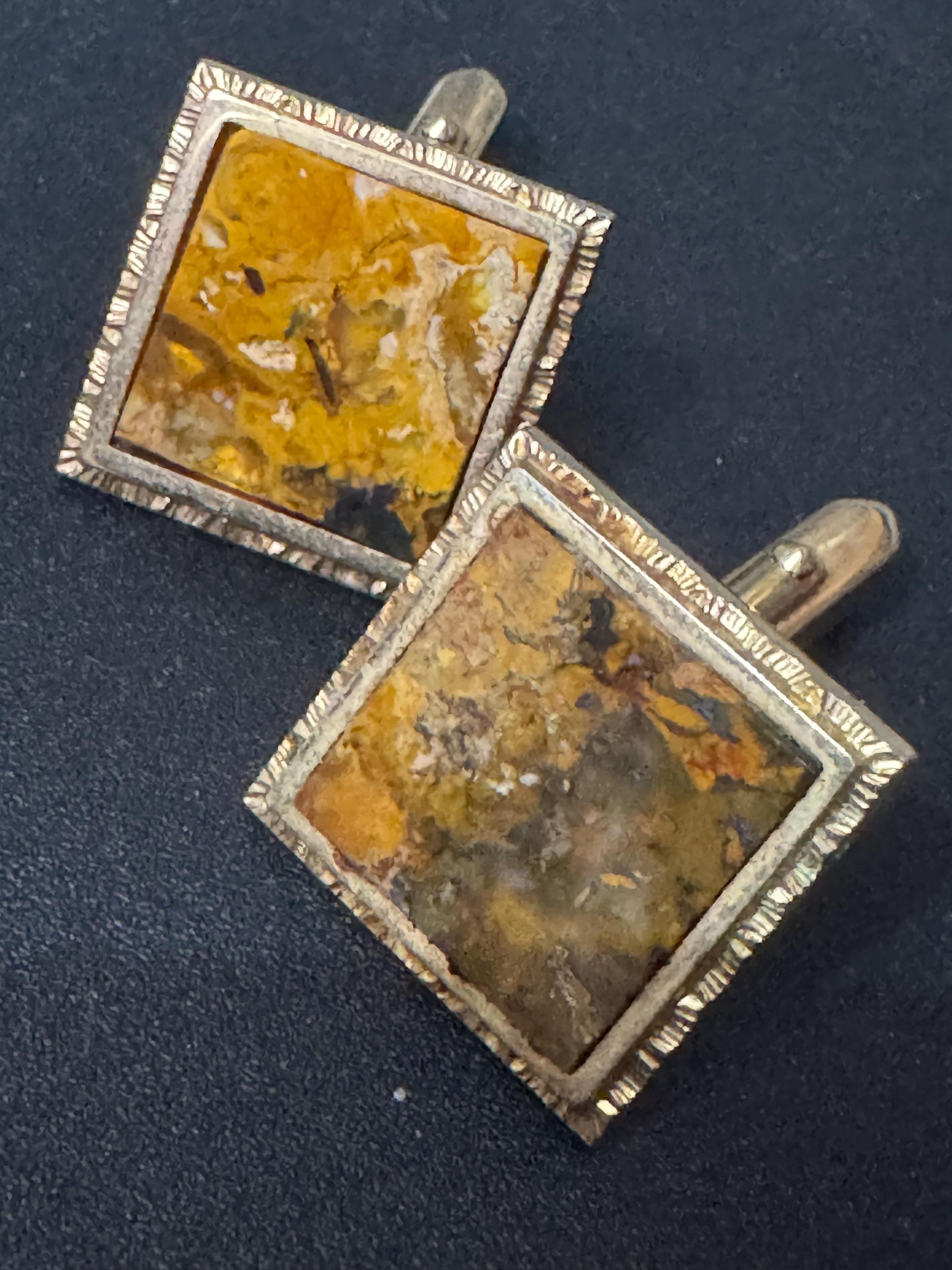 Vintage Brutalist 1960s 1970s large modernist brown marble men’s gold tone square cufflinks