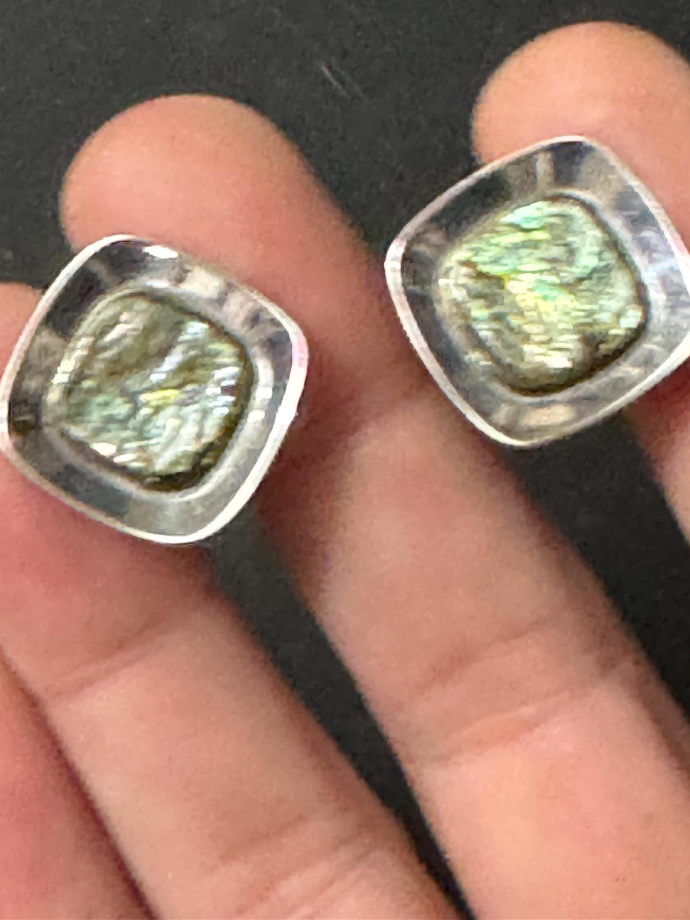 mid century modernist vintage stainless steel silver metal abalone shell cabochon mens gents cufflinks 1970s
