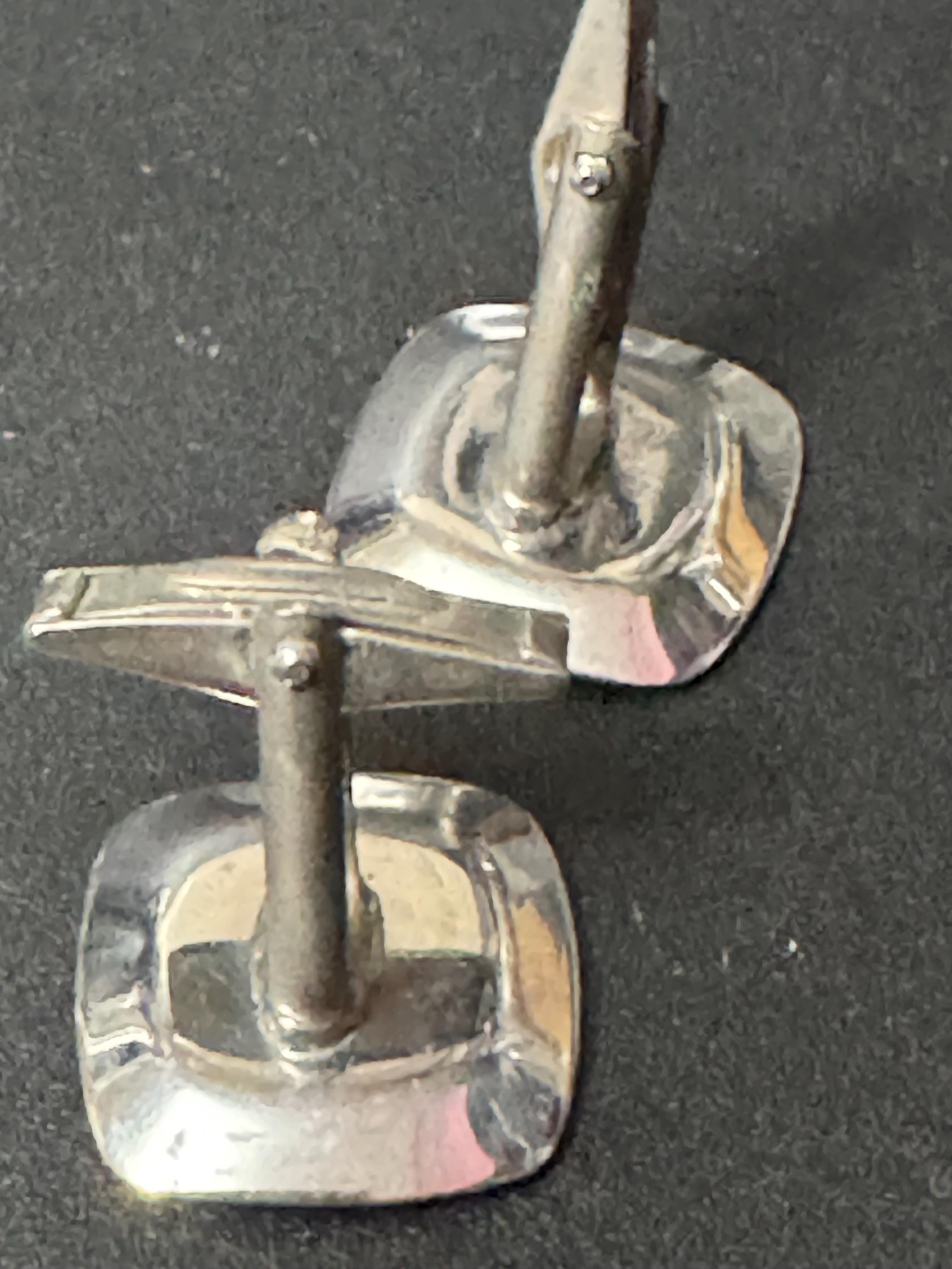 mid century modernist vintage stainless steel silver metal abalone shell cabochon mens gents cufflinks 1970s