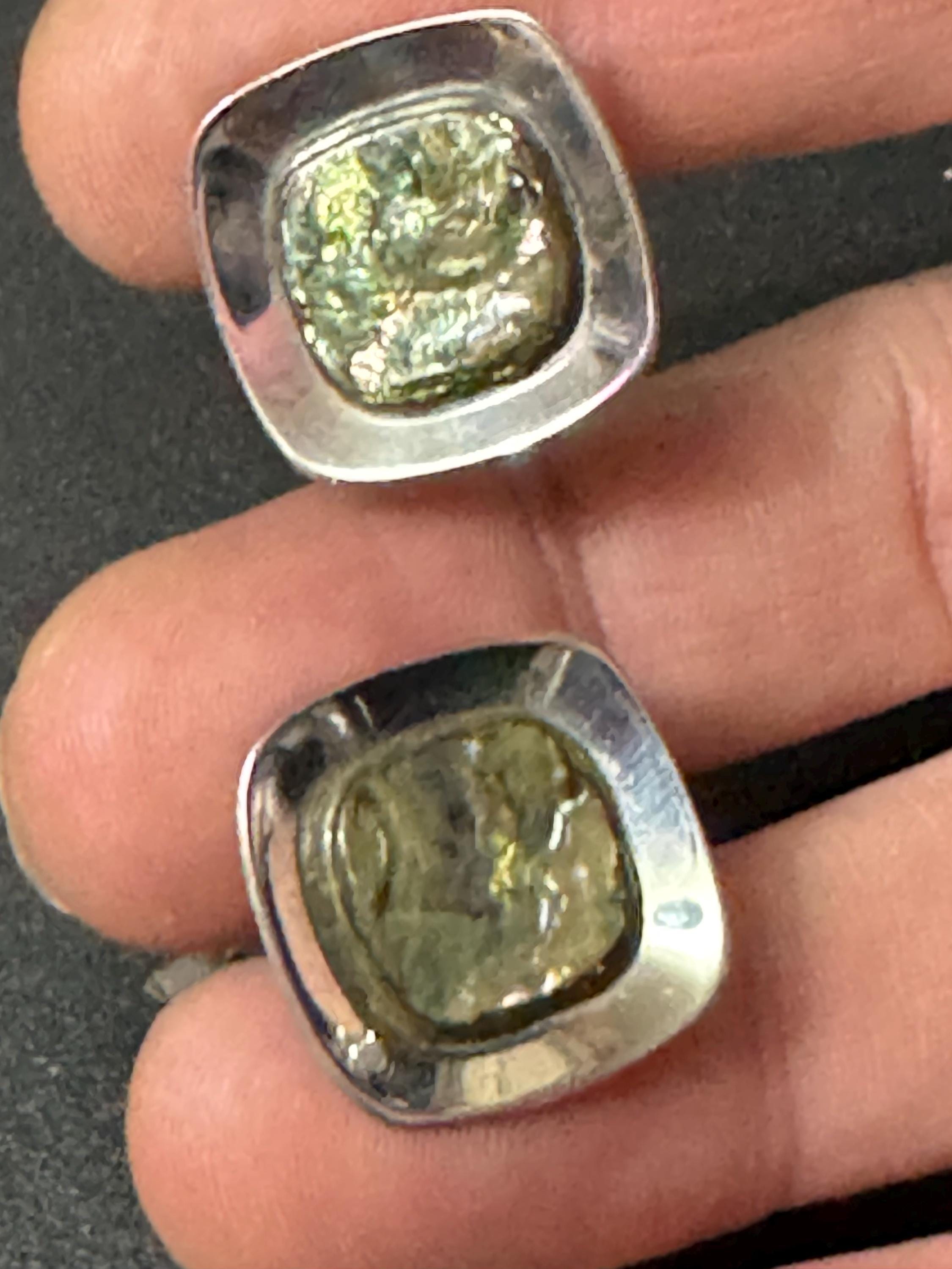mid century modernist vintage stainless steel silver metal abalone shell cabochon mens gents cufflinks 1970s
