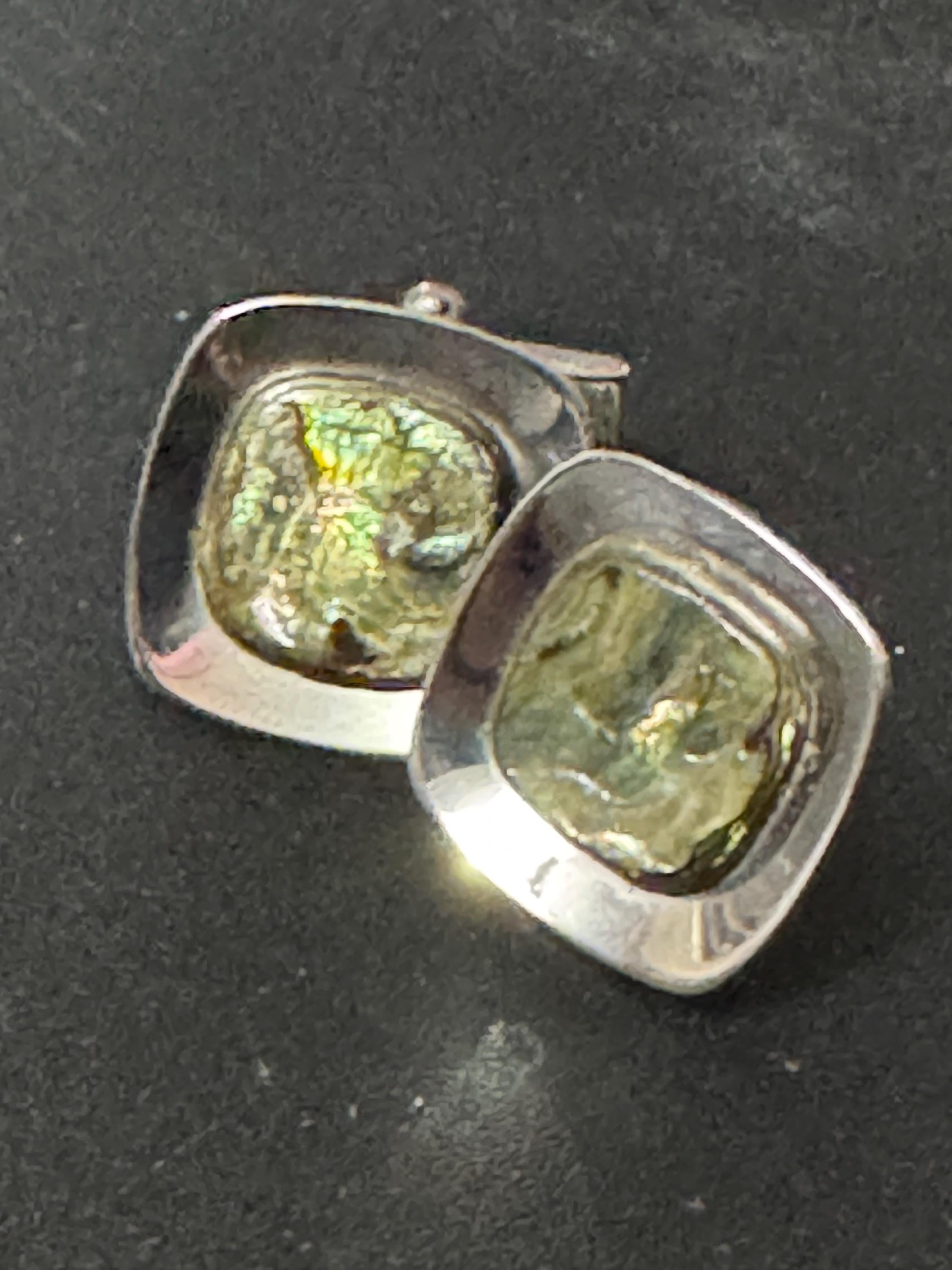 mid century modernist vintage stainless steel silver metal abalone shell cabochon mens gents cufflinks 1970s