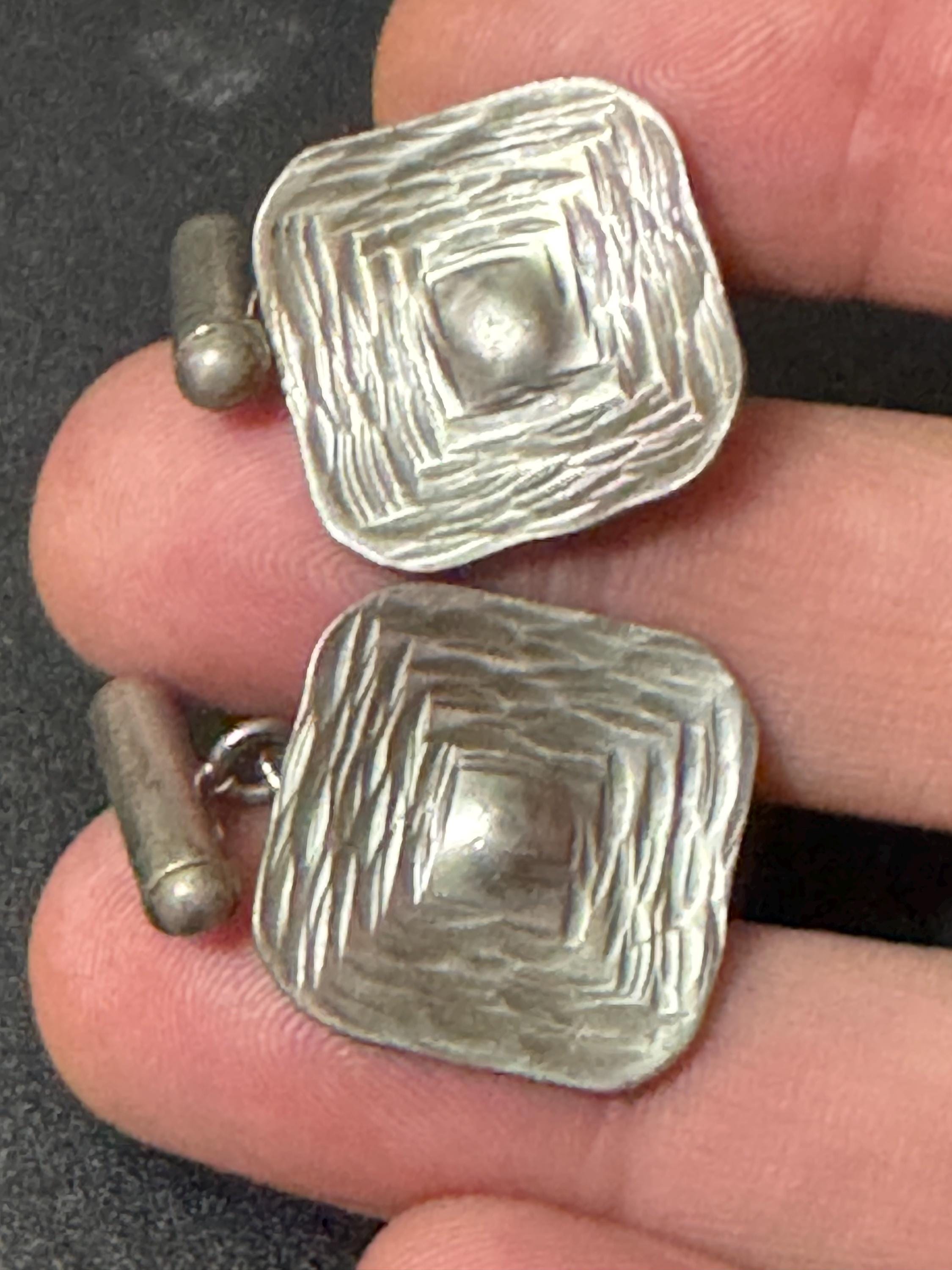 mid century modernist vintage etched steel silver metal brutalist mens gents cufflinks 1970s