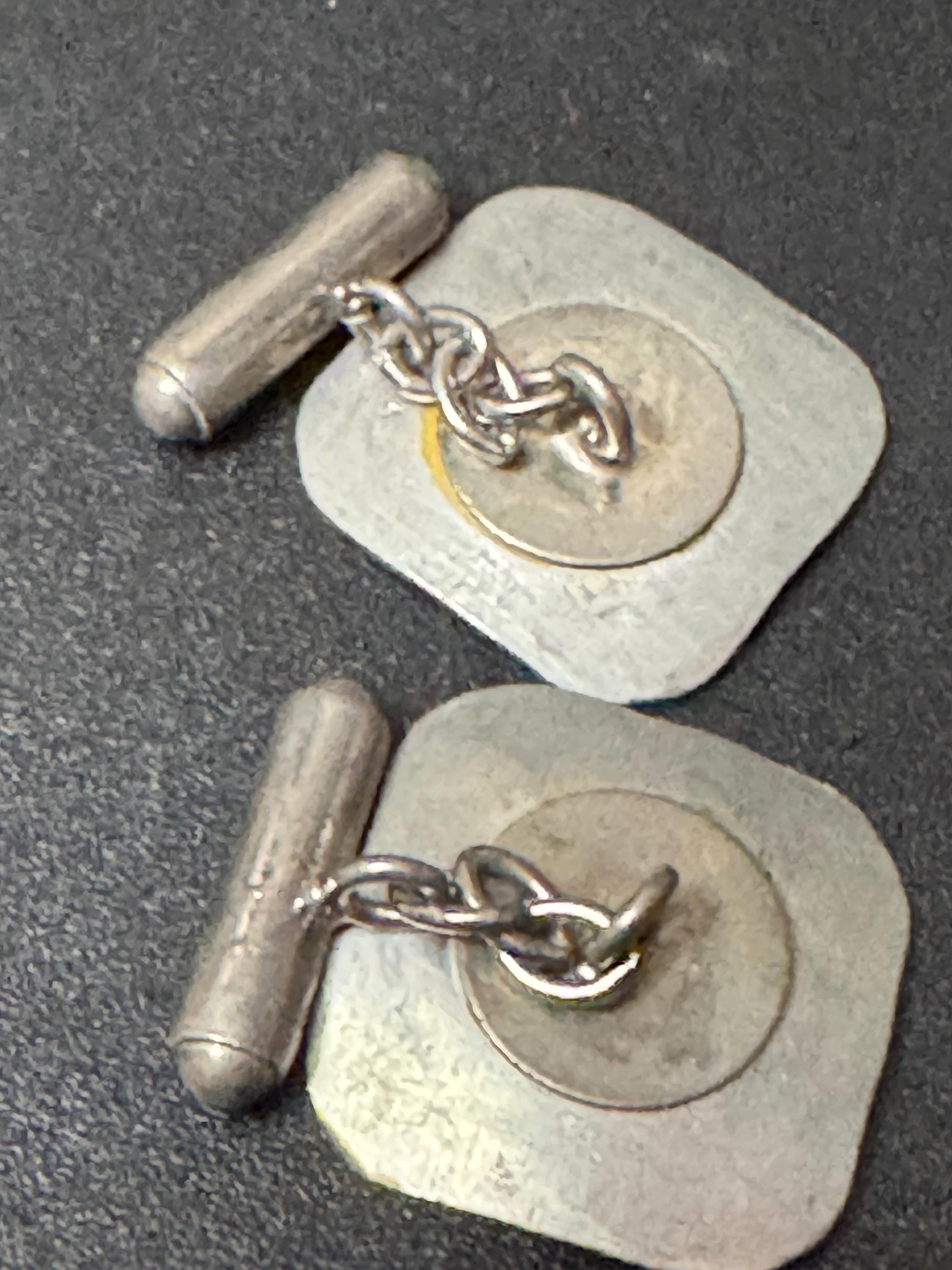 mid century modernist vintage etched steel silver metal brutalist mens gents cufflinks 1970s