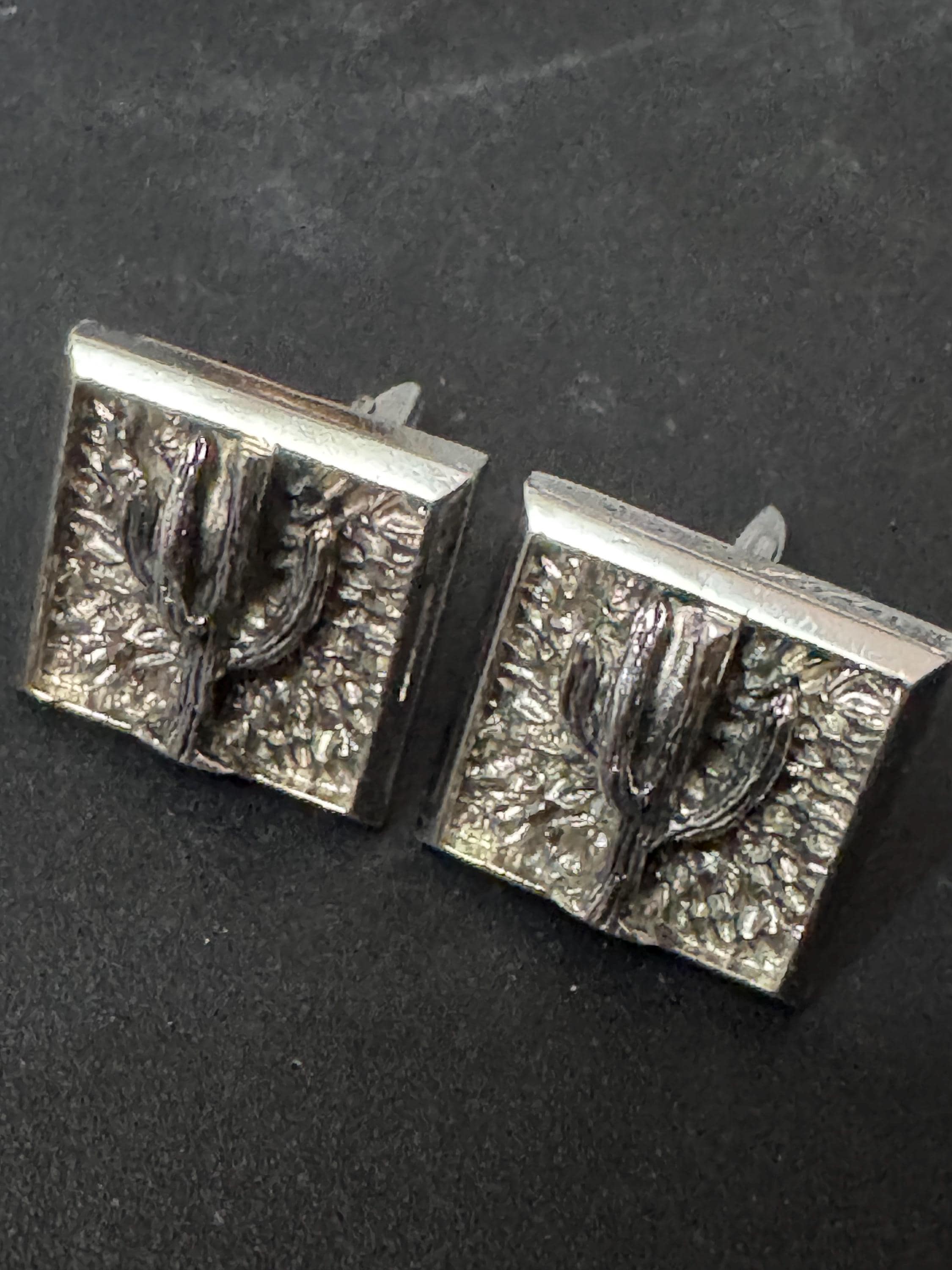 modernist vintage Mexican cactus south western silver tone brutalist mens gents cufflinks 1970s