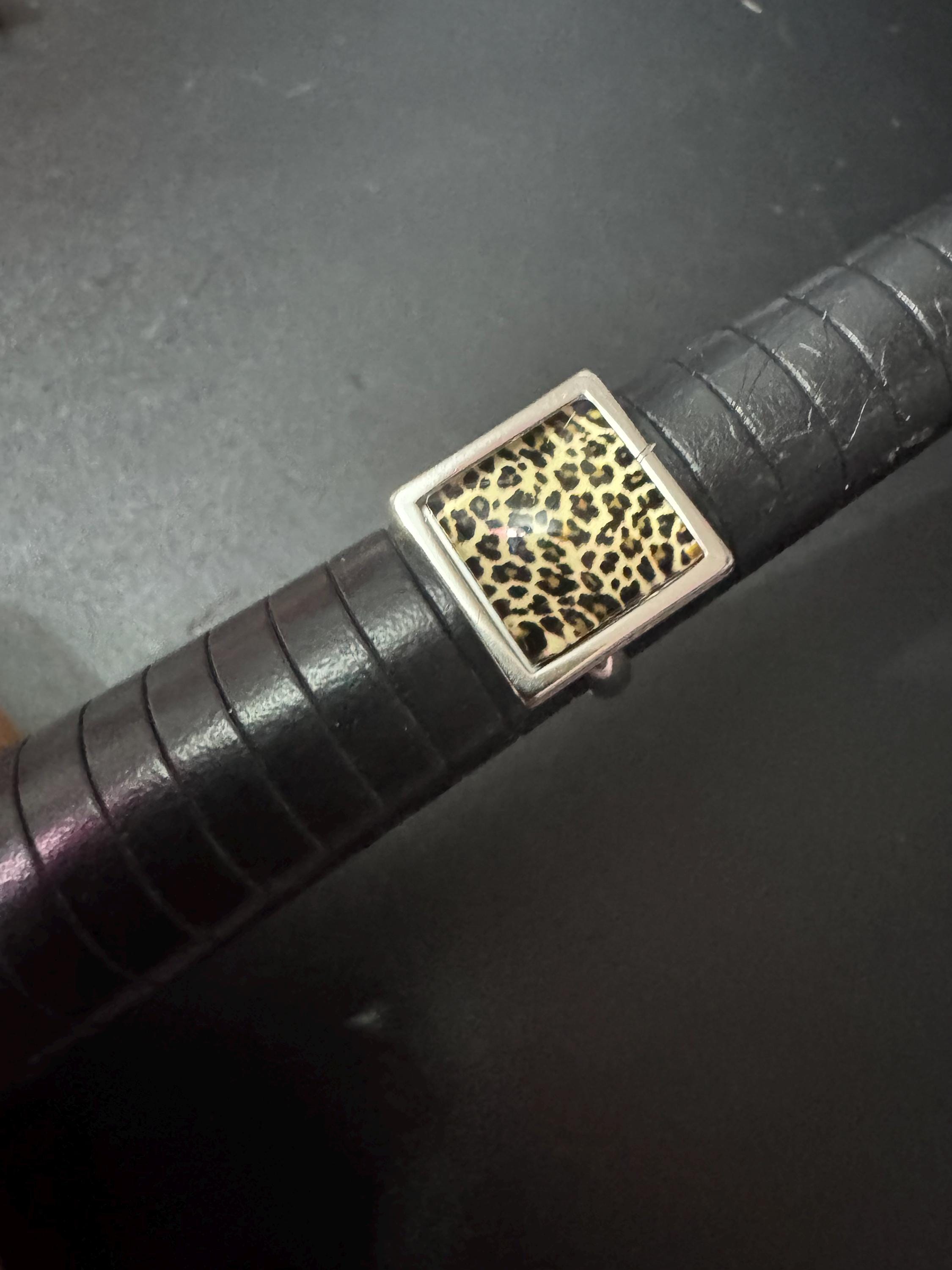 Square Leopard print silver ring stainless steel non tarnish adjustable ring animal print