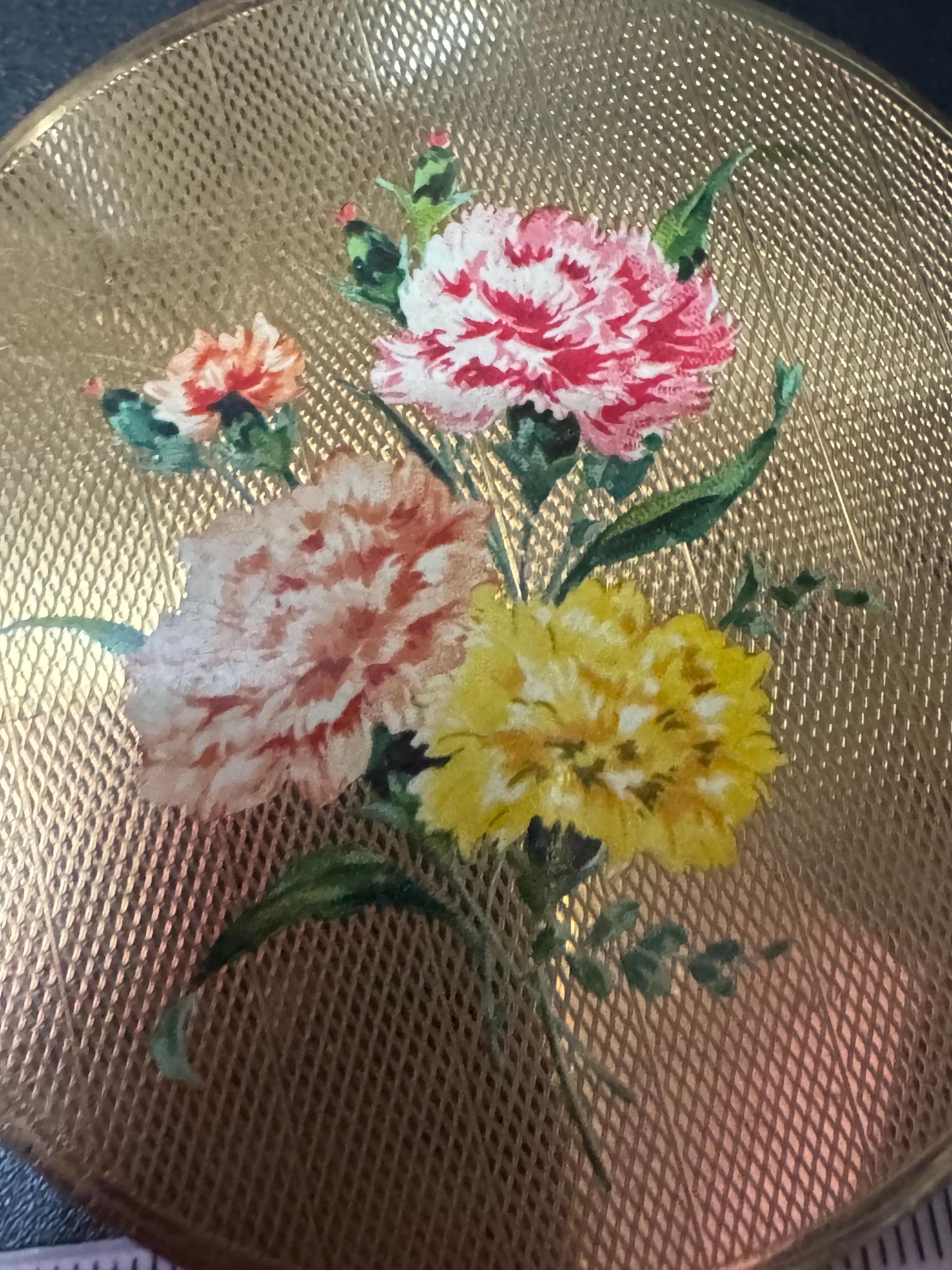 Vintage Stratton Garden flowers floral carnations powder compact gold tone