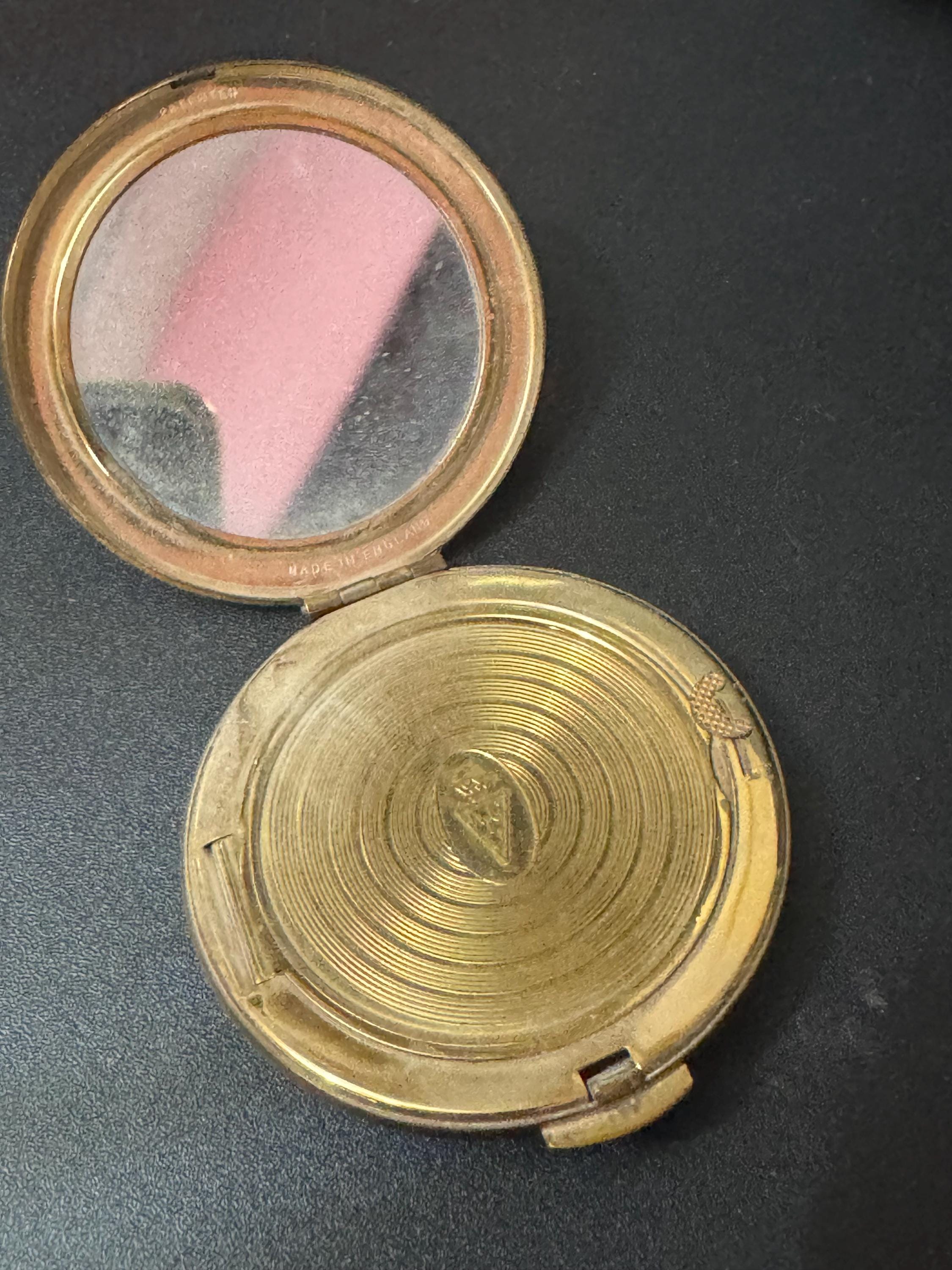 Small KIGU Vintage floral roses gold tone powder compact mirror with sifter mid century cosmetics case