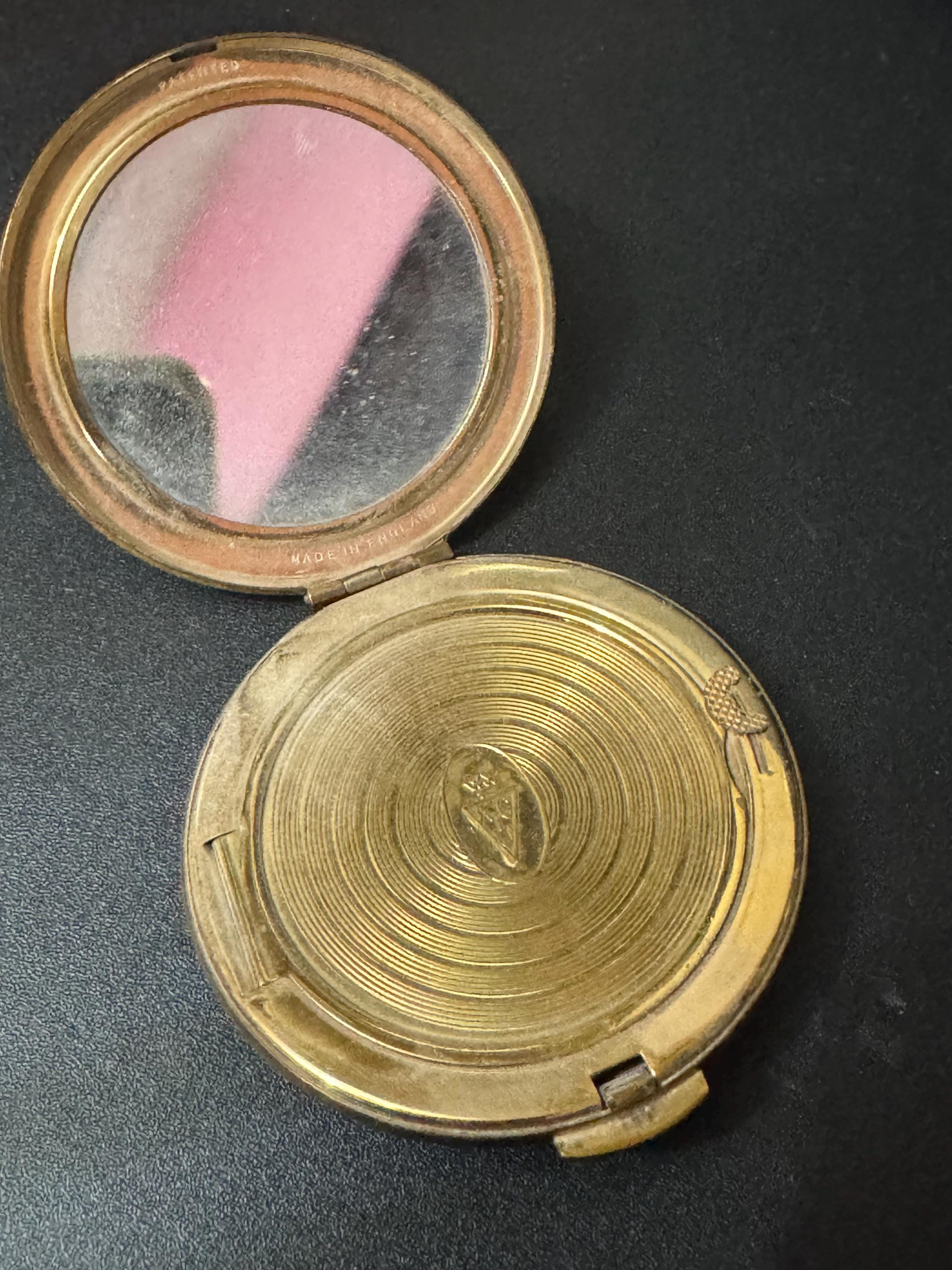 Small KIGU Vintage floral roses gold tone powder compact mirror with sifter mid century cosmetics case