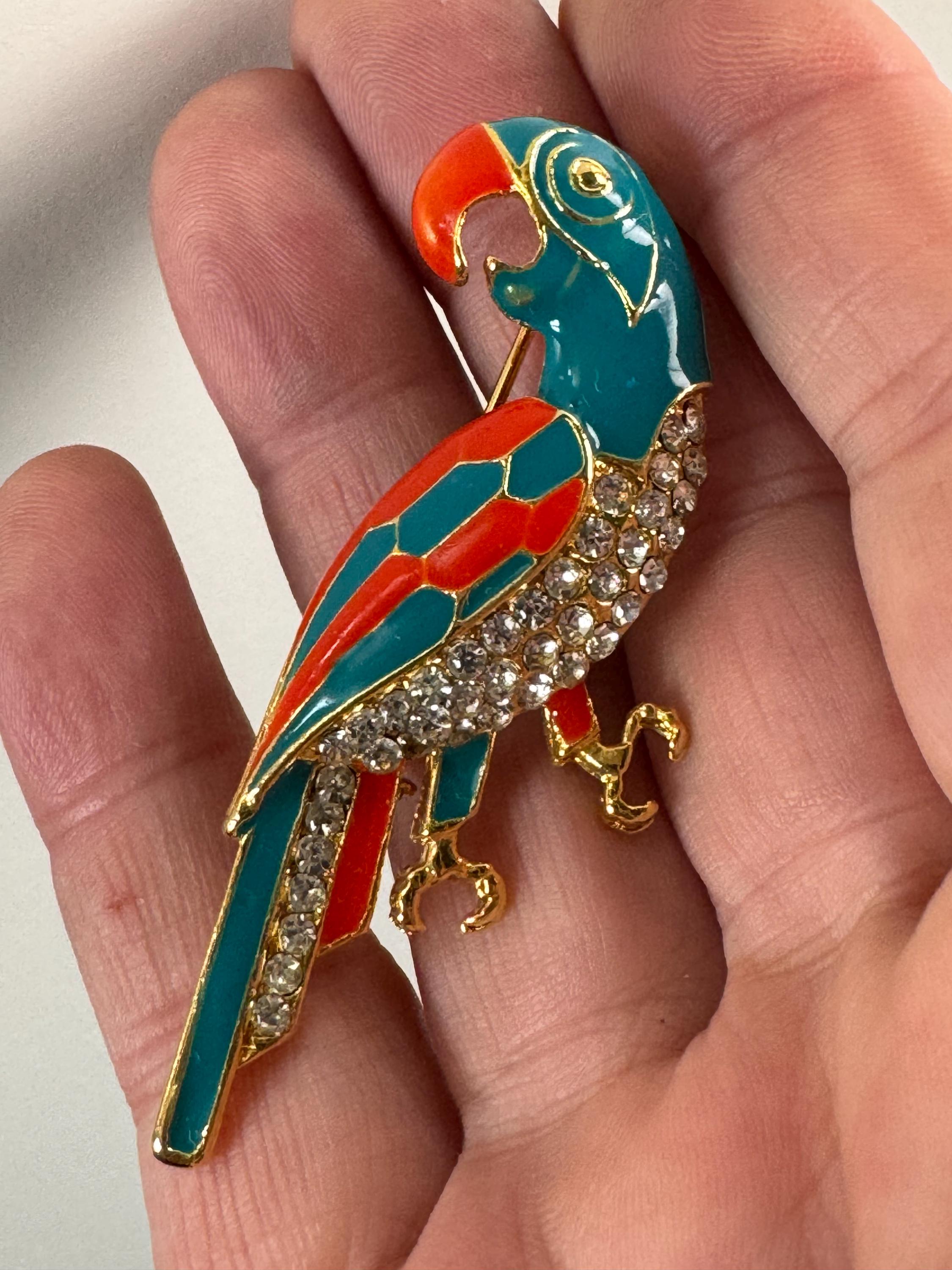 Vintage Tropical Parrot brooch set with Paste diamanté and blue orange Enamel gold tone metal 1980s
