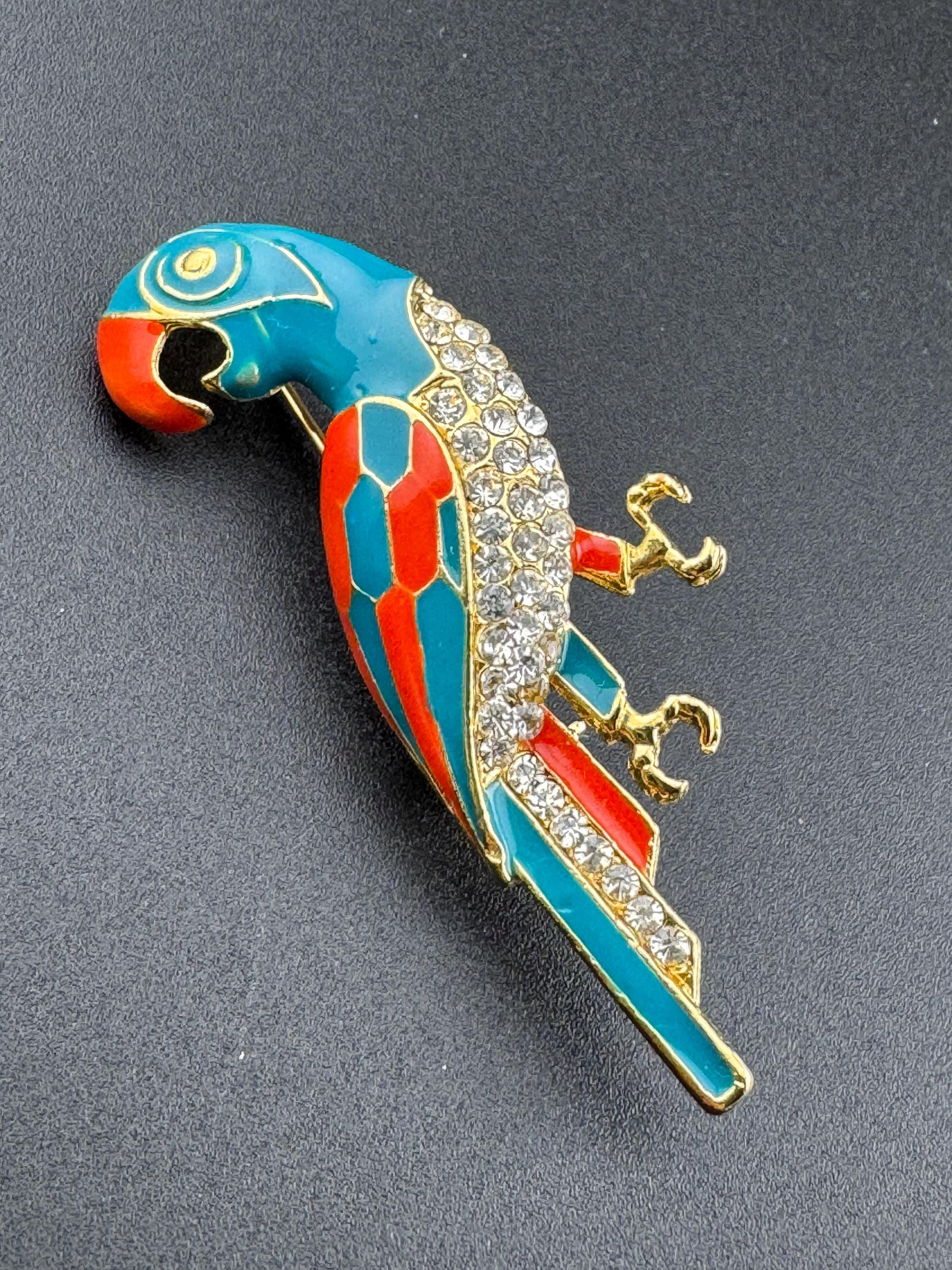 Vintage Tropical Parrot brooch set with Paste diamanté and blue orange Enamel gold tone metal 1980s