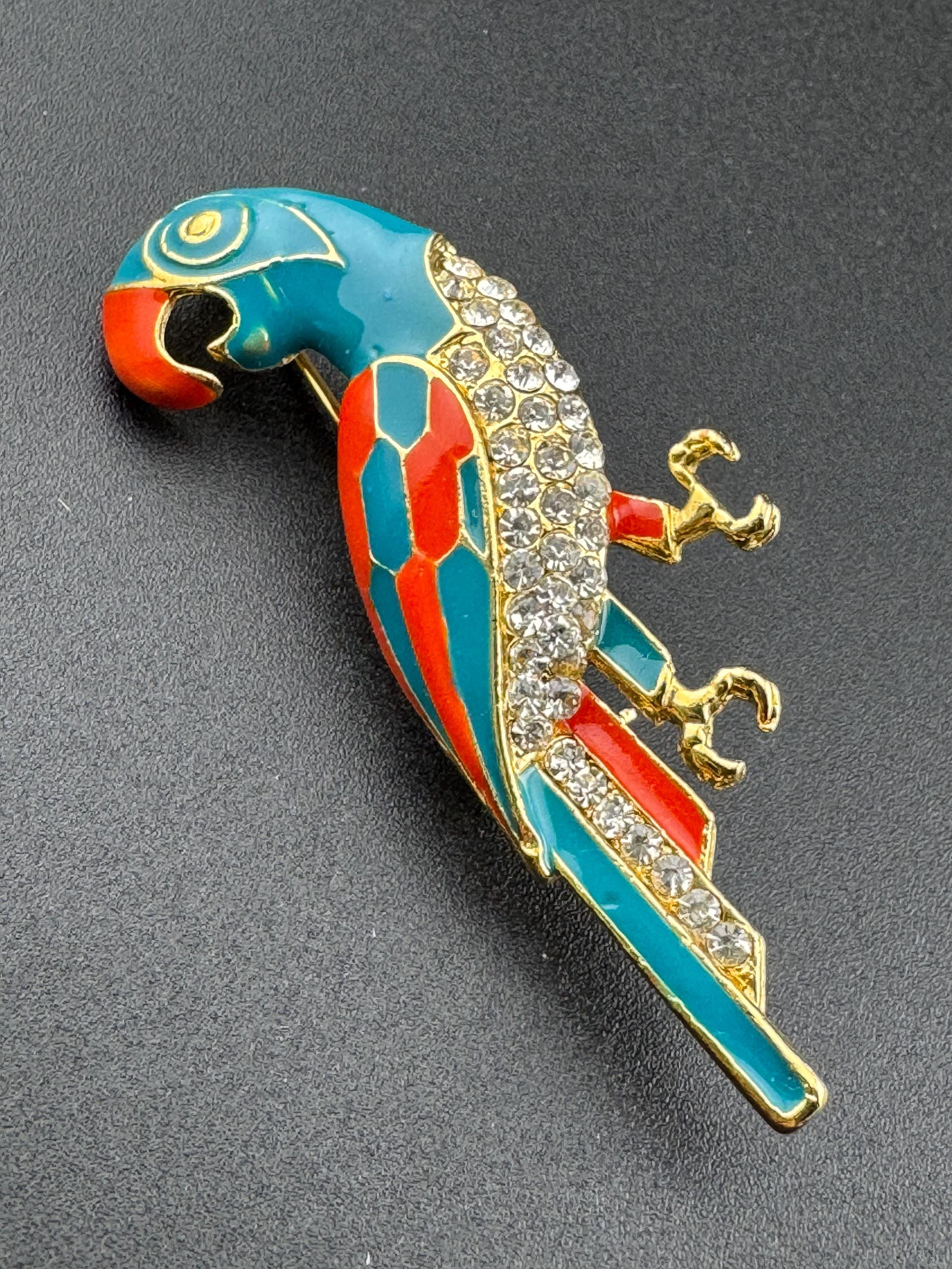Vintage Tropical Parrot brooch set with Paste diamanté and blue orange Enamel gold tone metal 1980s