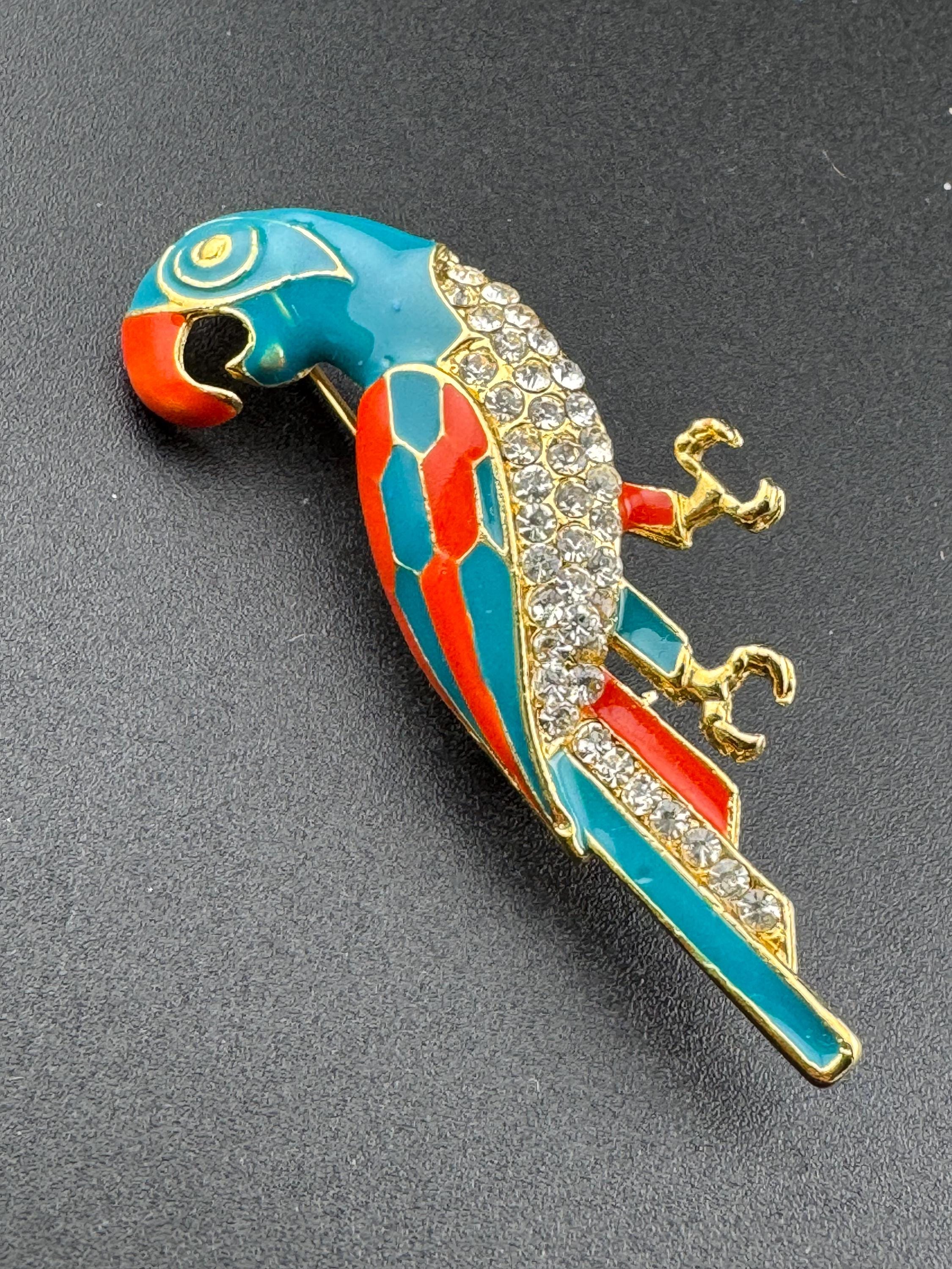 Vintage Tropical Parrot brooch set with Paste diamanté and blue orange Enamel gold tone metal 1980s