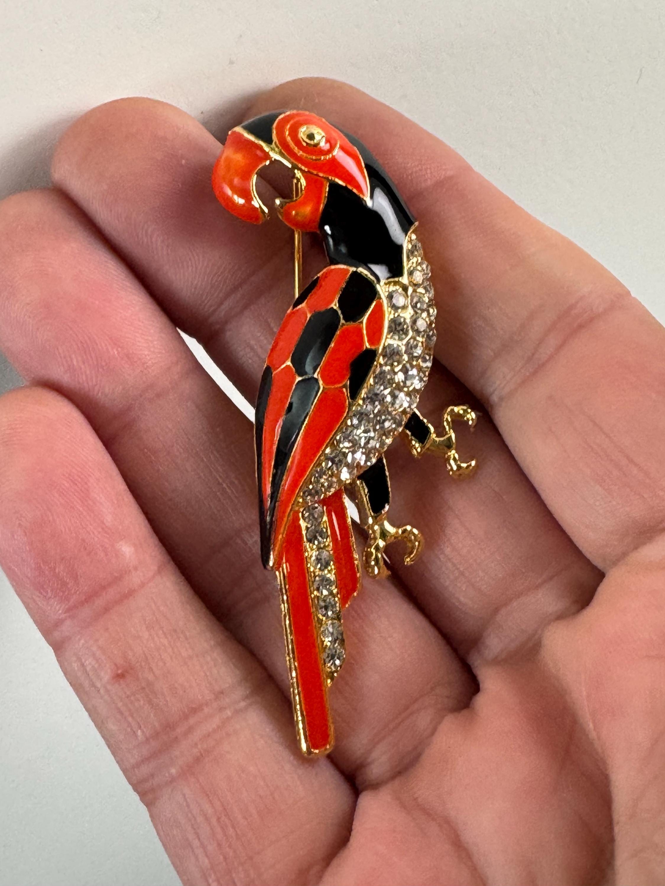 Vintage Tropical Parrot brooch set with Paste diamanté and black orange Enamel gold tone metal 1980s