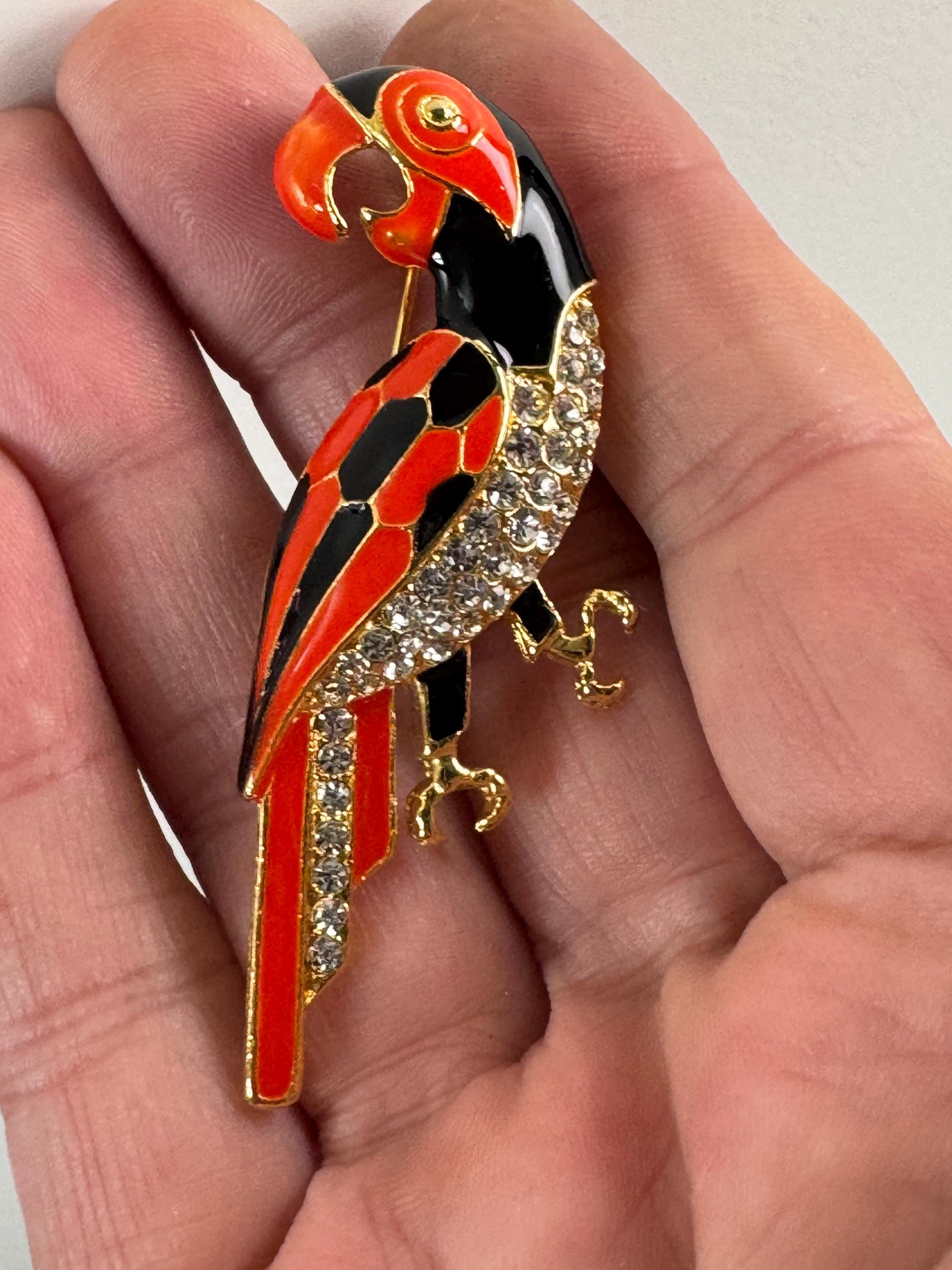Vintage Tropical Parrot brooch set with Paste diamanté and black orange Enamel gold tone metal 1980s