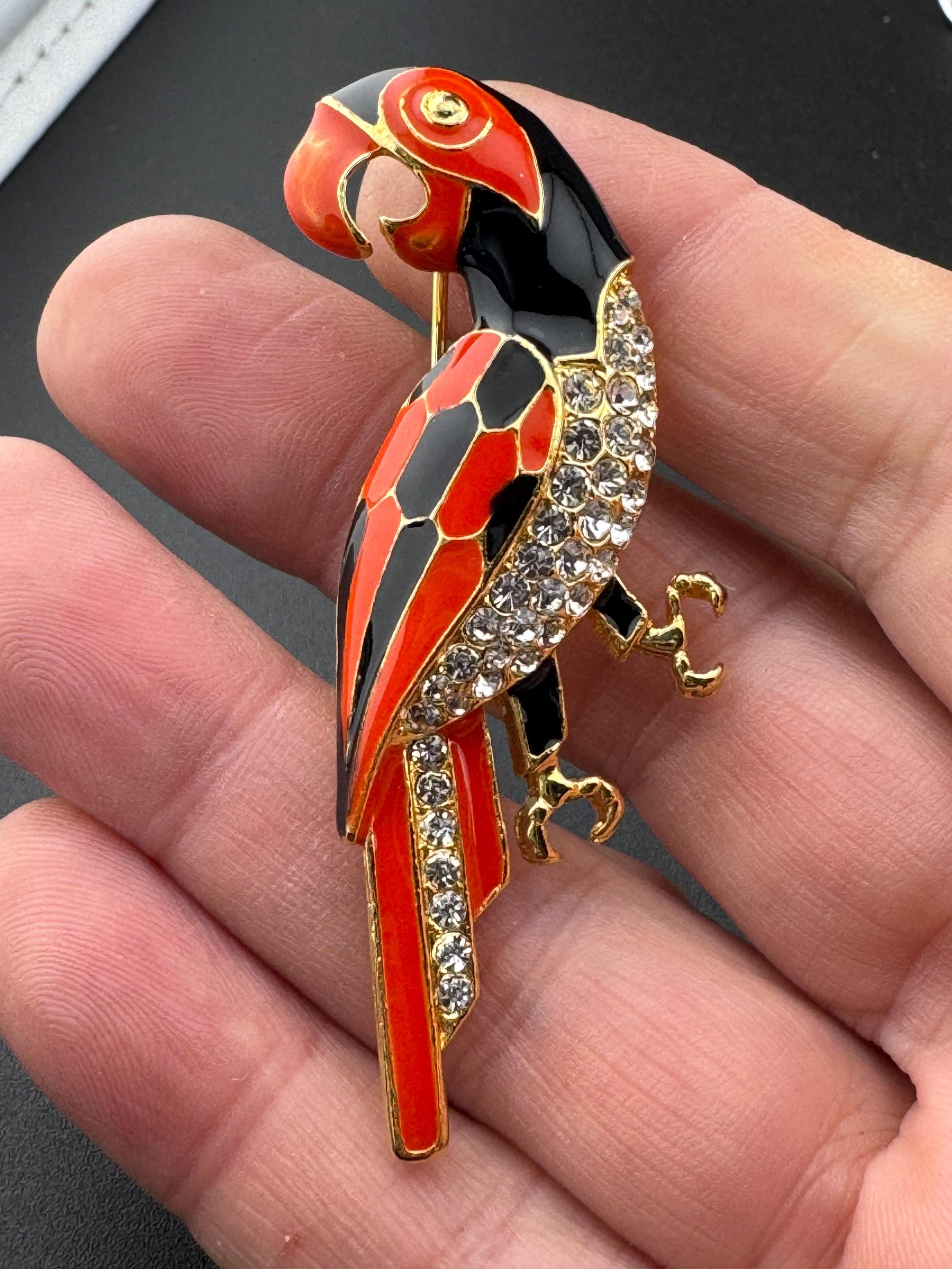 Vintage Tropical Parrot brooch set with Paste diamanté and black orange Enamel gold tone metal 1980s