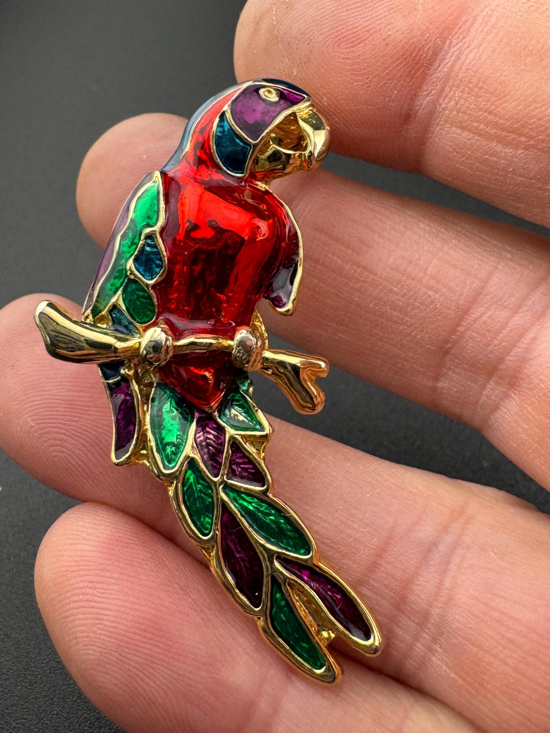 Vintage Tropical Parrot brooch set with Paste diamanté and red green Enamel gold tone metal 1980s