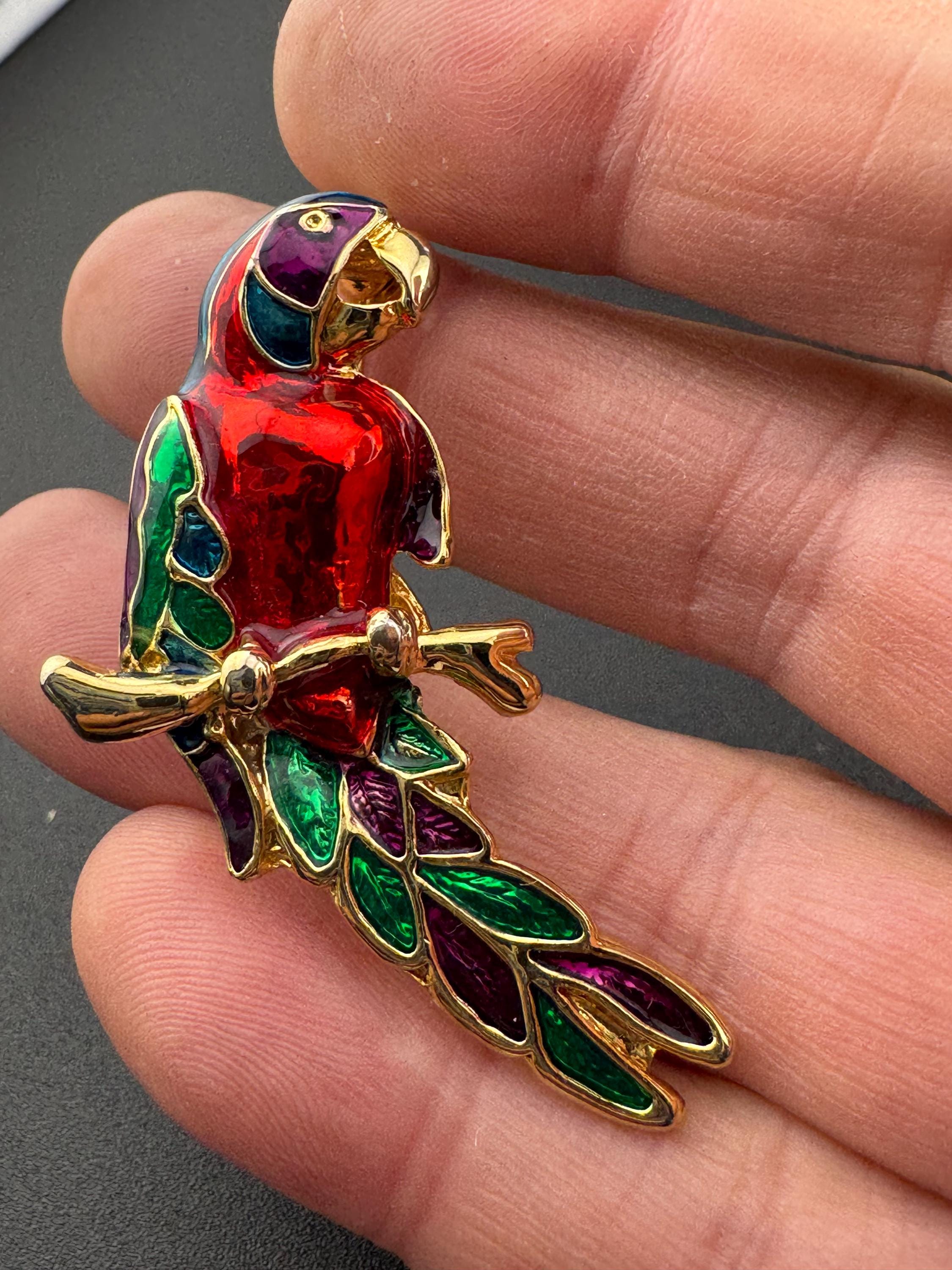 Vintage Tropical Parrot brooch set with Paste diamanté and red green Enamel gold tone metal 1980s