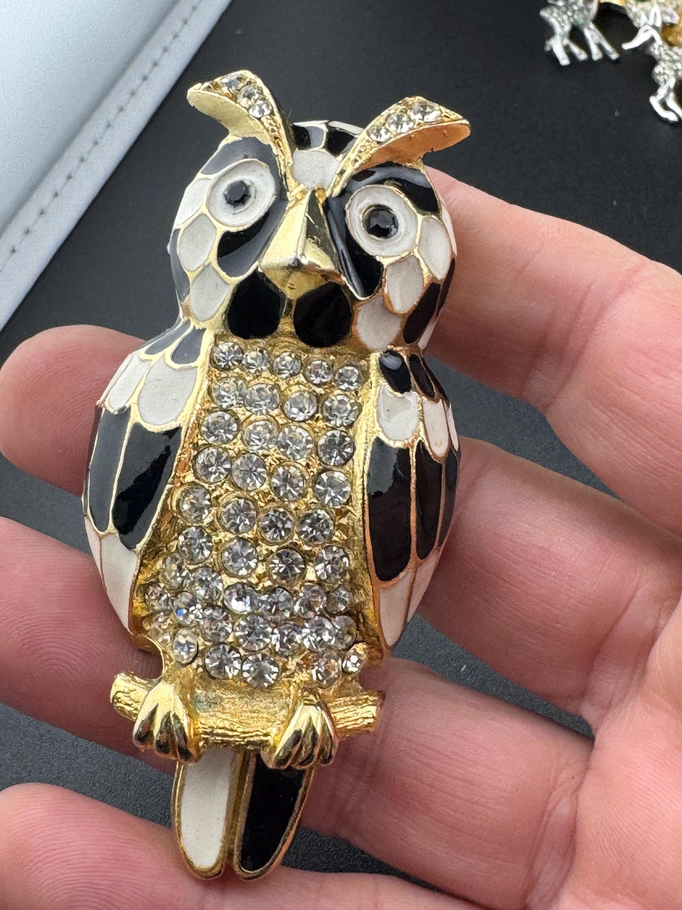 Vintage signed SARDA huge black and white enamel owl diamanté crystal brooch