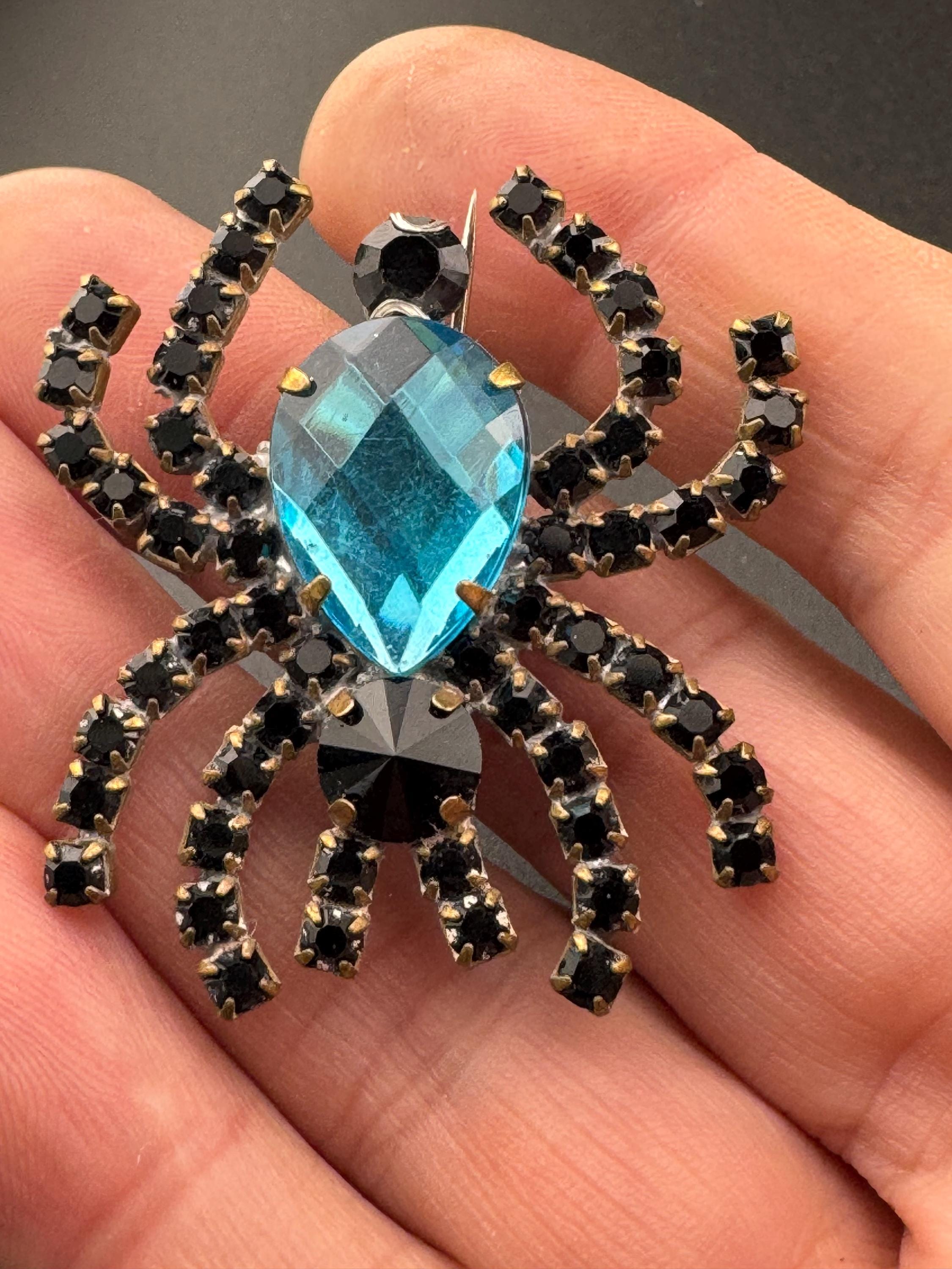 Vintage black and turquoise blue Czech Rhinestone diamanté paste Spider Insect Brooch Glass stones
