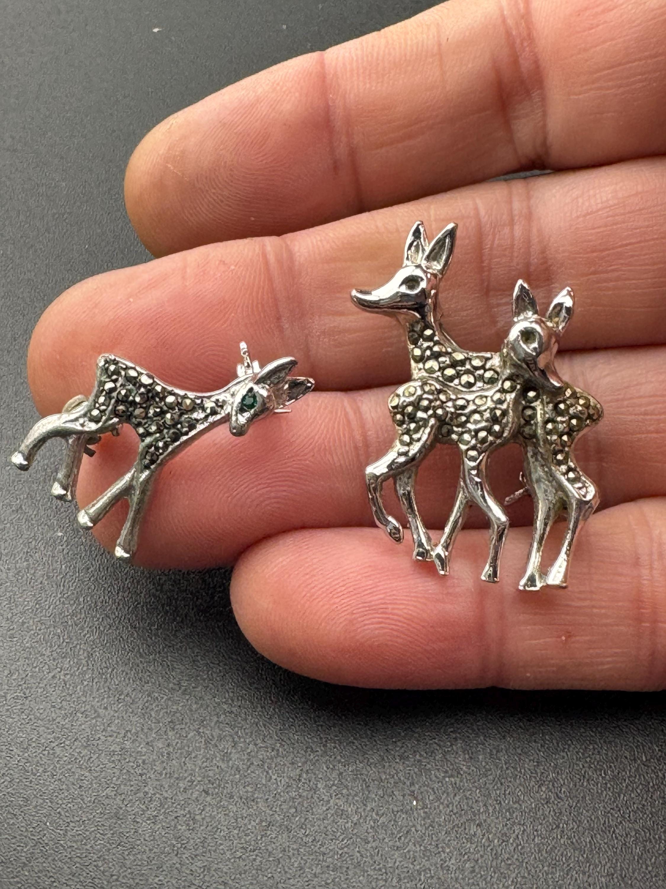Two silver Marcasite brooches of a family of deers Vintage silver tone mid century