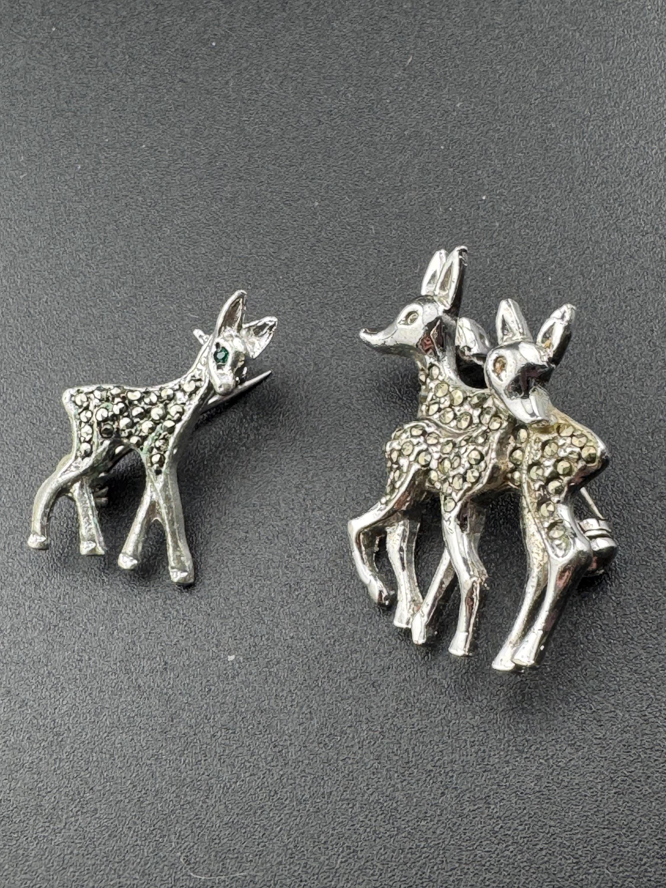 Two silver Marcasite brooches of a family of deers Vintage silver tone mid century