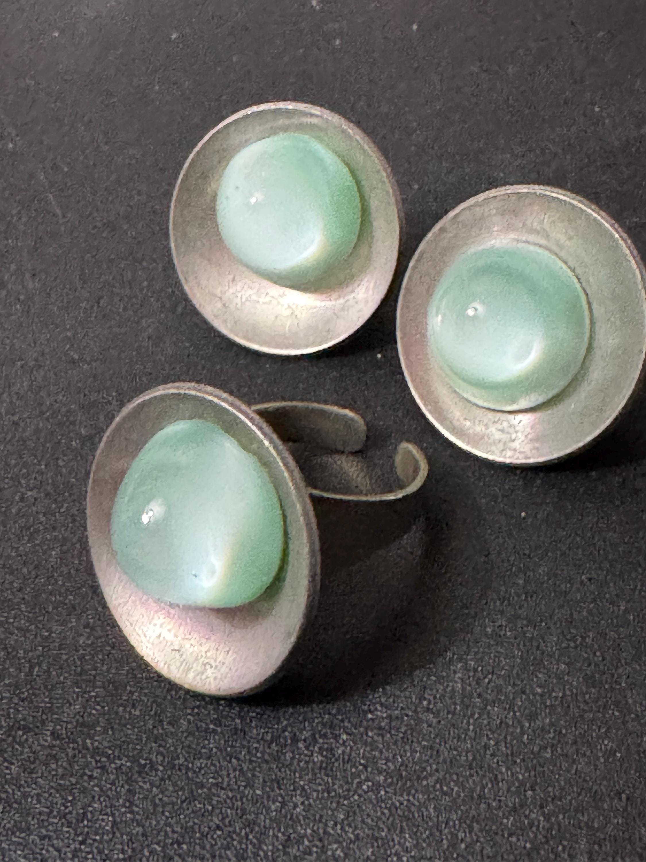 Vintage modernist ice blue glass cabochon steel clip on earrings and adjustable ring set  modernist style