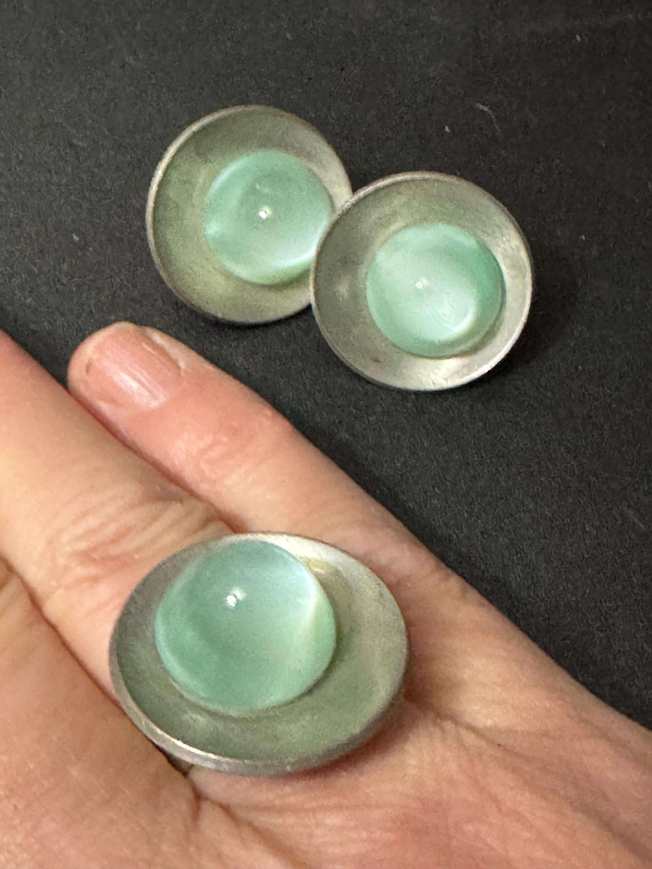 Vintage Modernist Ice Blue Glass Cabochon Steel Ring and Clip On Earrings Set