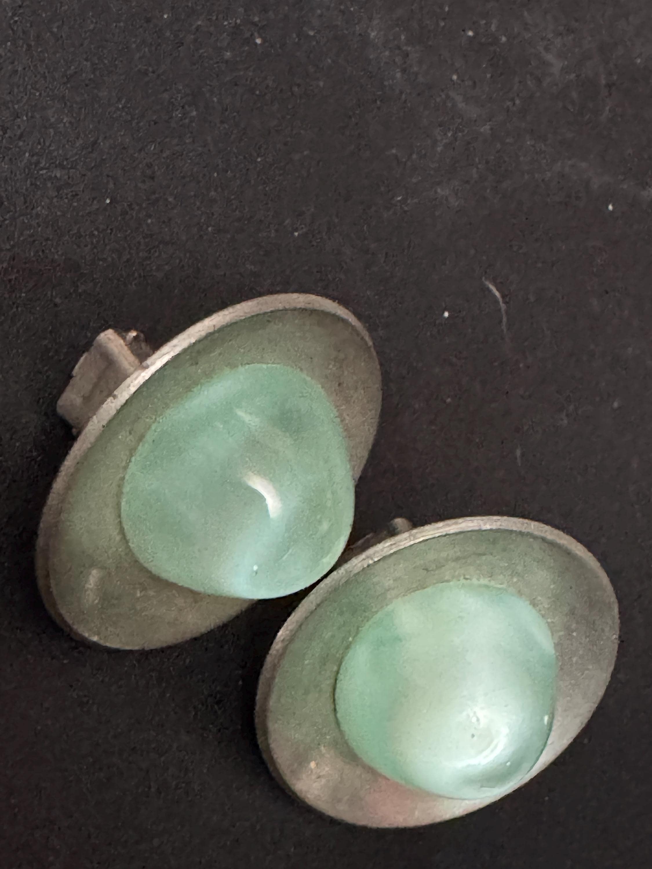 Vintage Modernist Ice Blue Glass Cabochon Steel Ring and Clip On Earrings Set