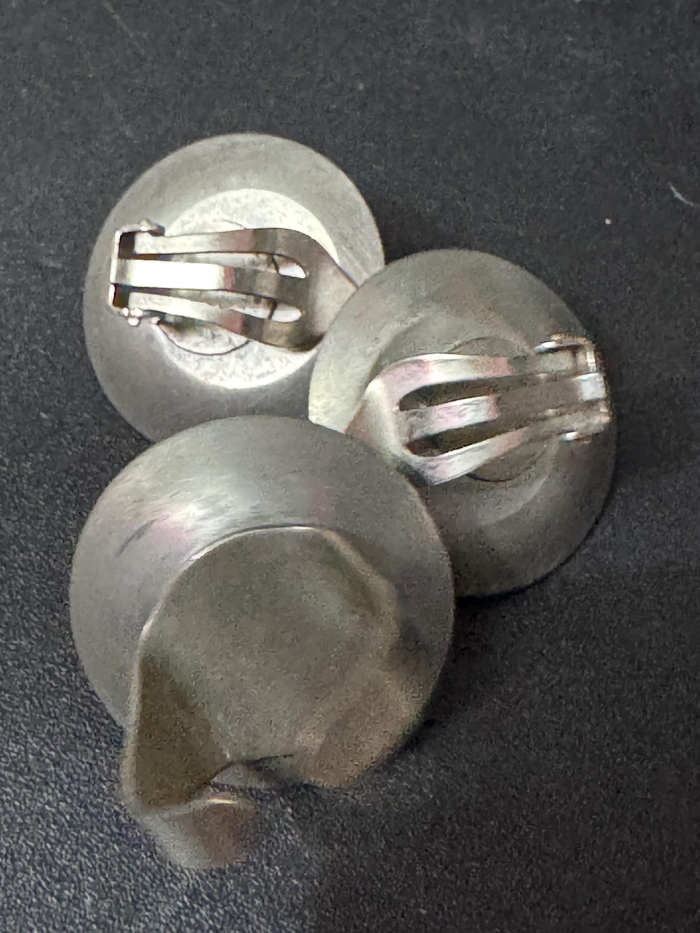 Vintage Modernist Ice Blue Glass Cabochon Steel Ring and Clip On Earrings Set