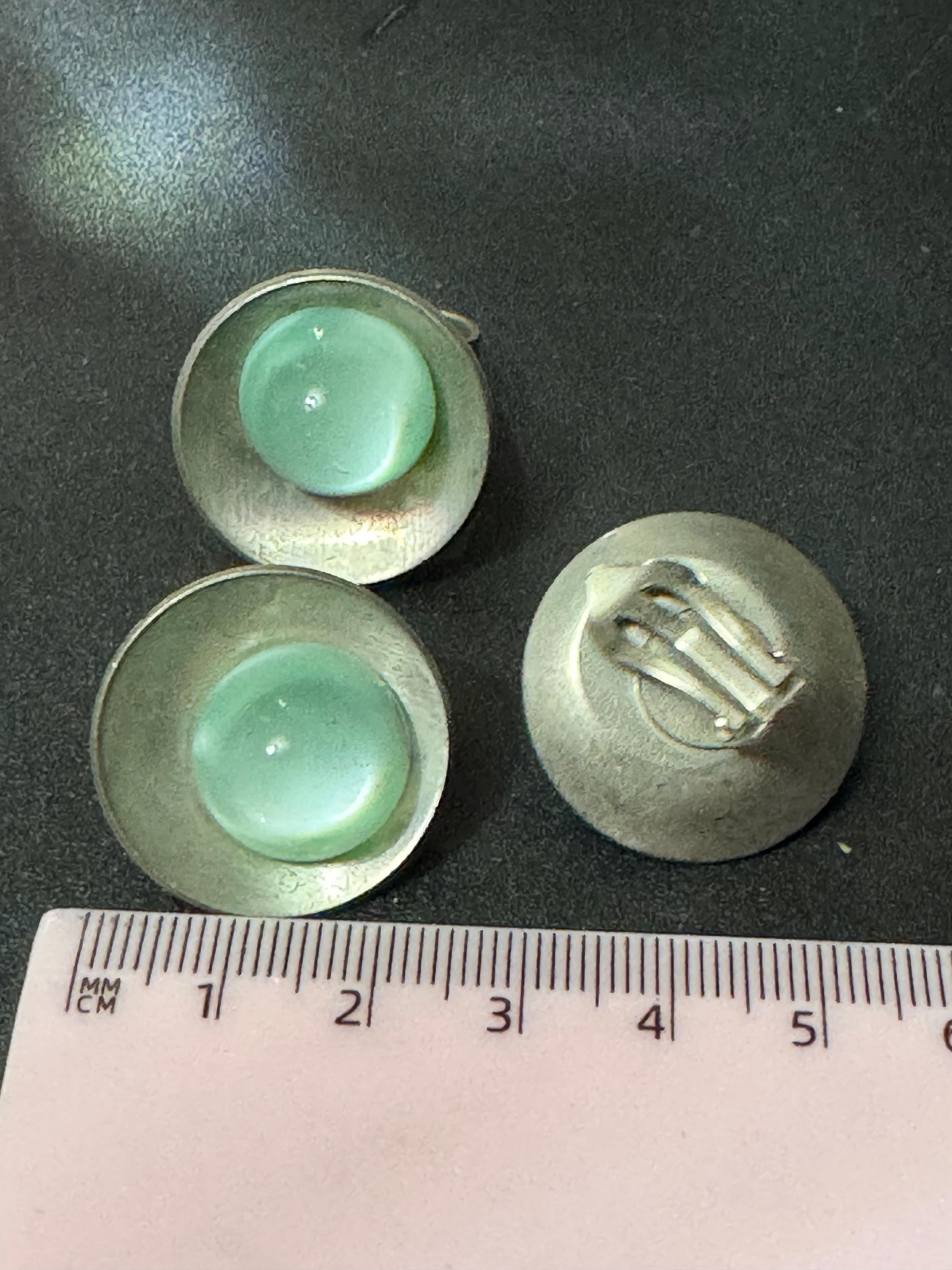 Vintage Modernist Ice Blue Glass Cabochon Steel Ring and Clip On Earrings Set