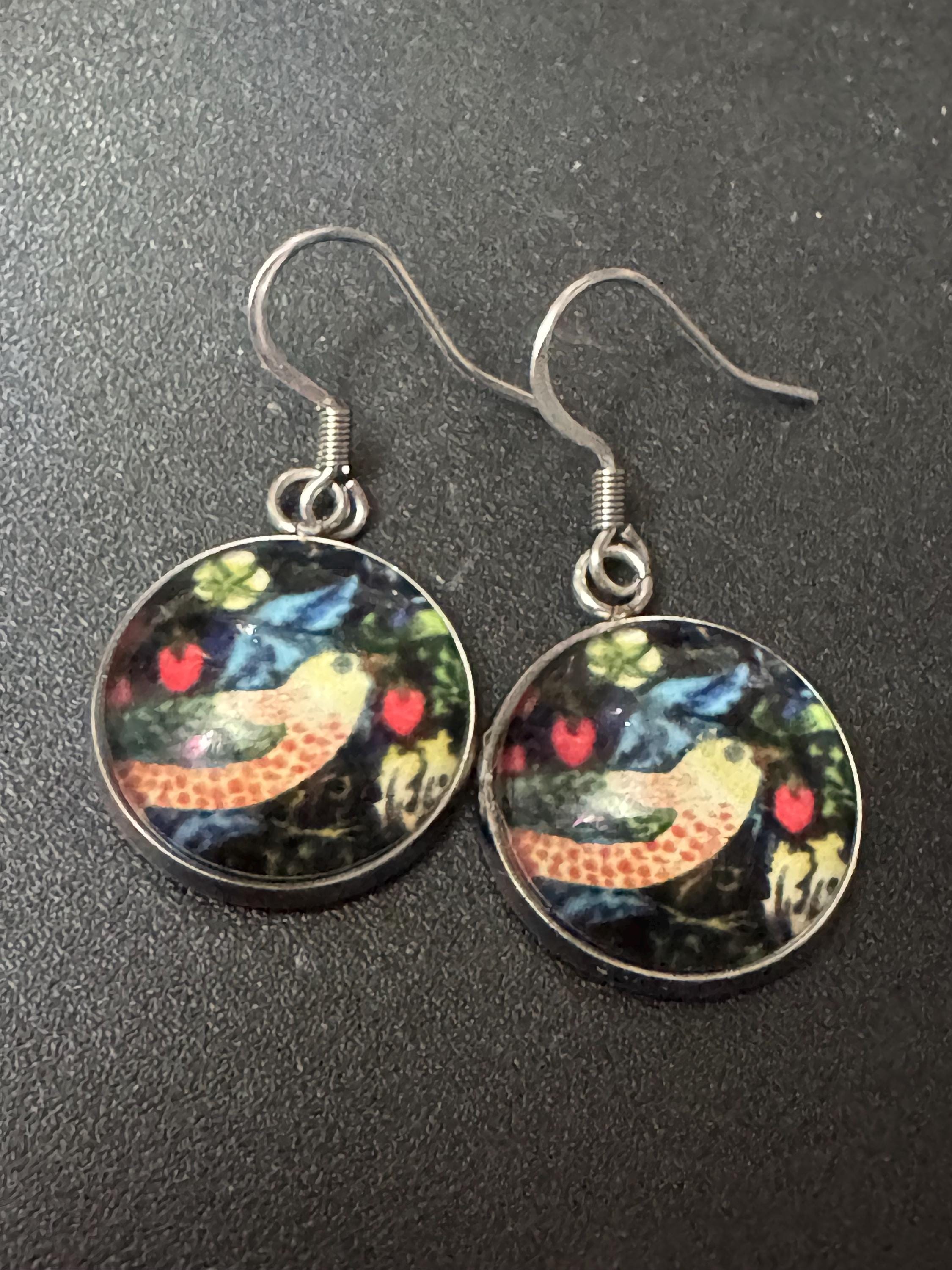William Morris earrings strawberry thief print 18mm round glass cabochon non tarnish stainless steel